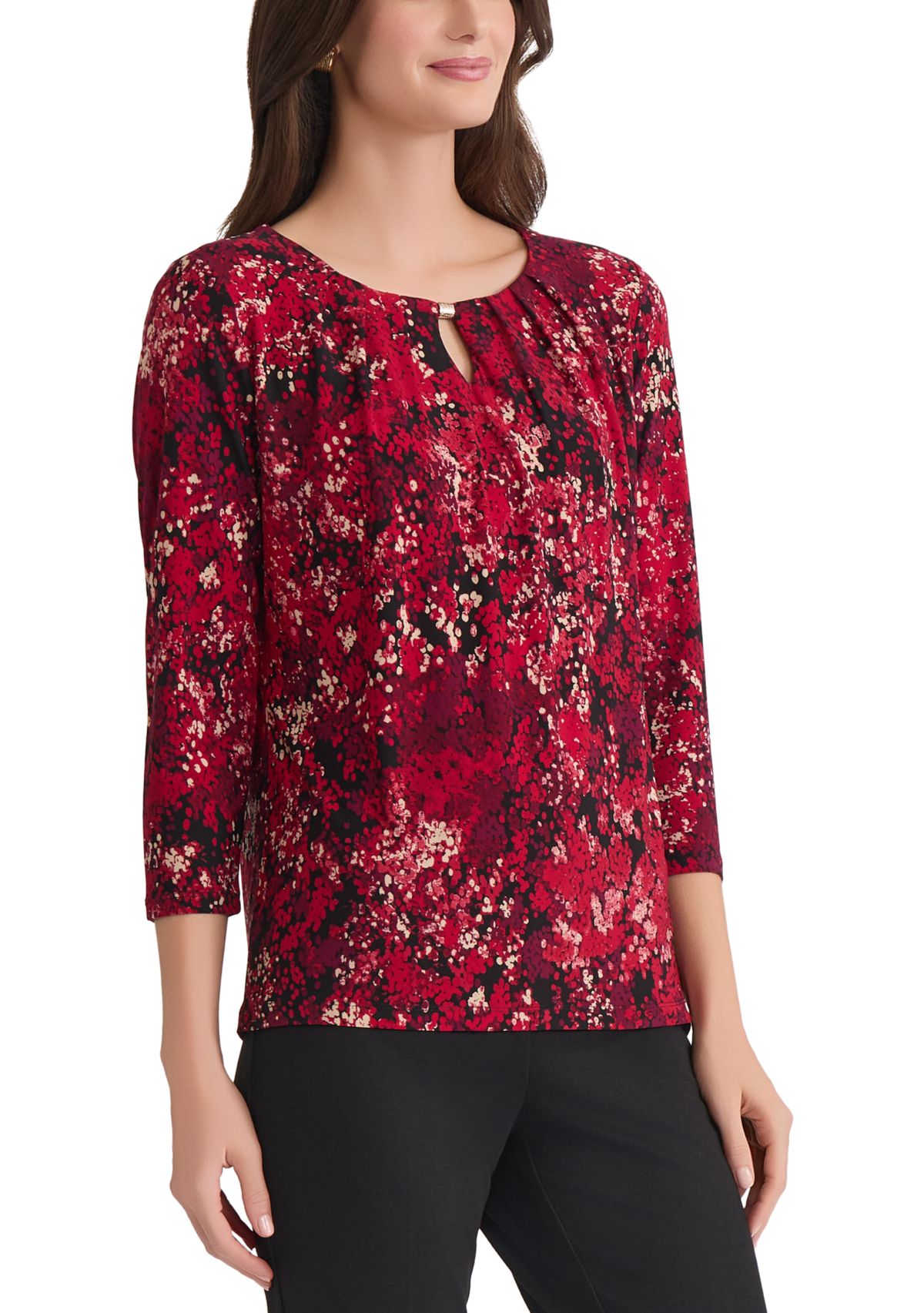 Womens Multi Print 3/4 Sleeve Pleat Neck Knit Top 
