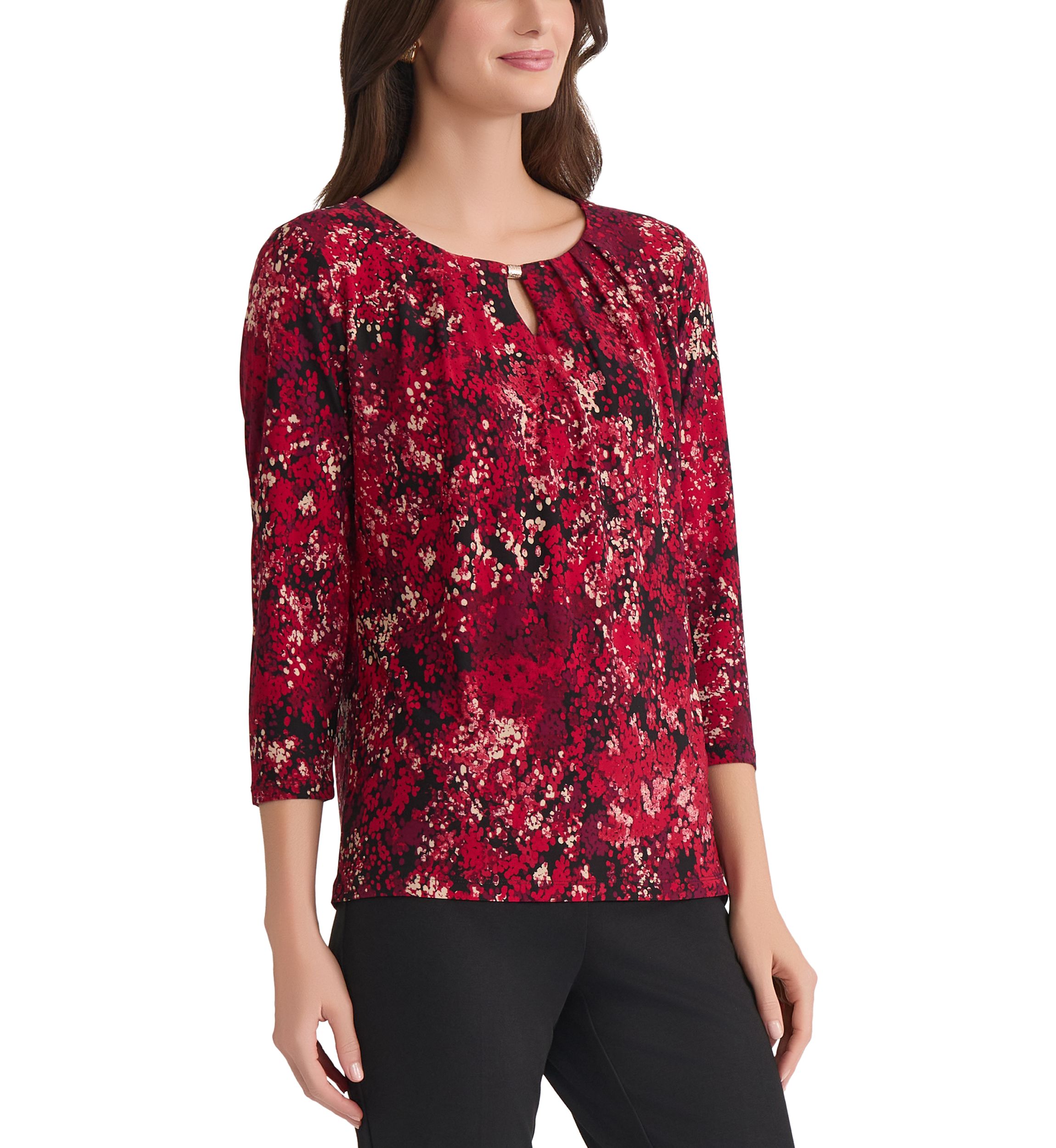 Womens Multi Print 3/4 Sleeve Pleat Neck Knit Top 