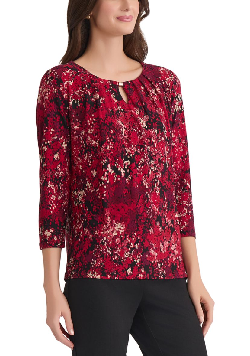 Womens Multi Print 3/4 Sleeve Pleat Neck Knit Top 