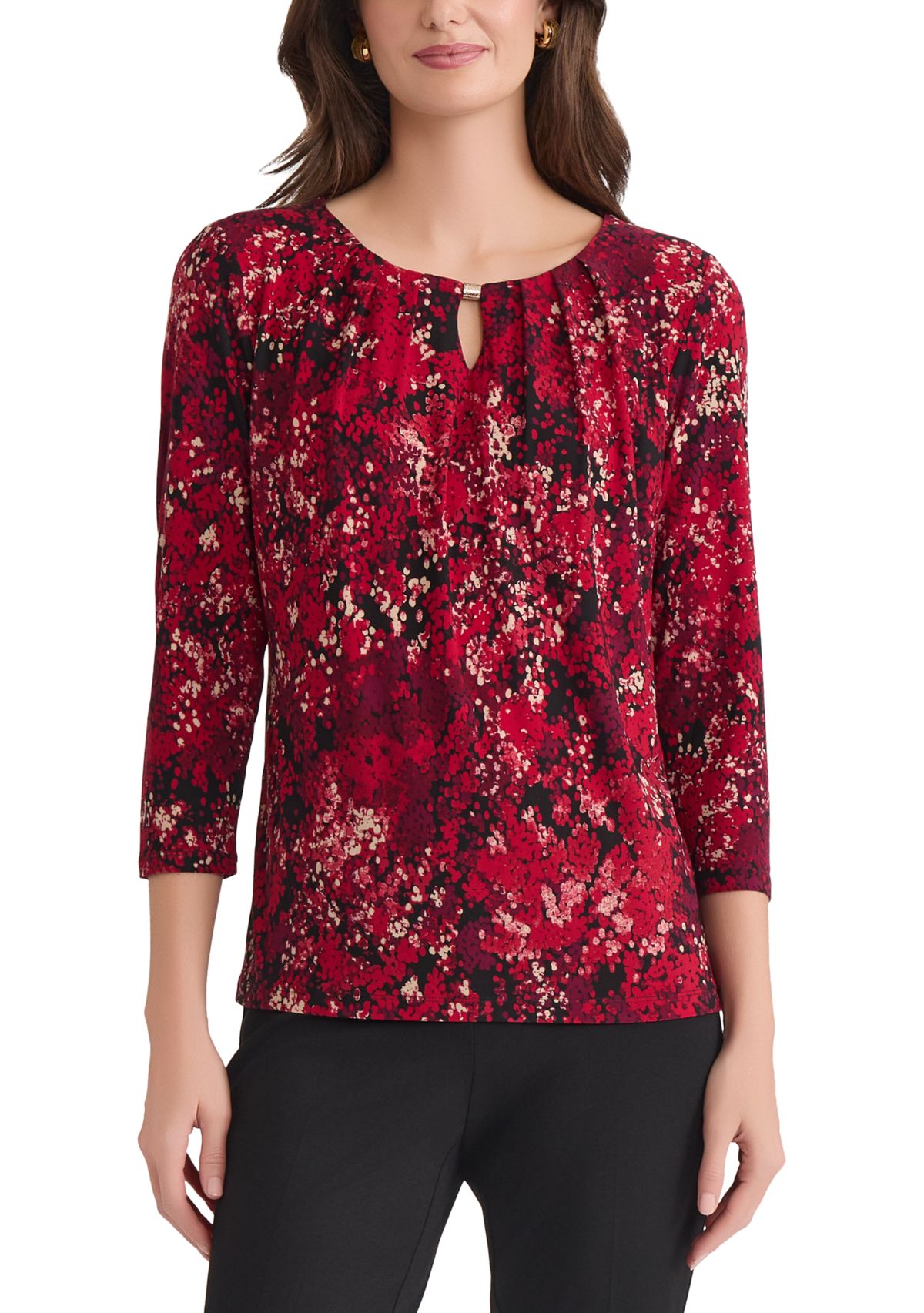 Petite Multi Print 3/4 Sleeve Pleat Neck Knit Top 
