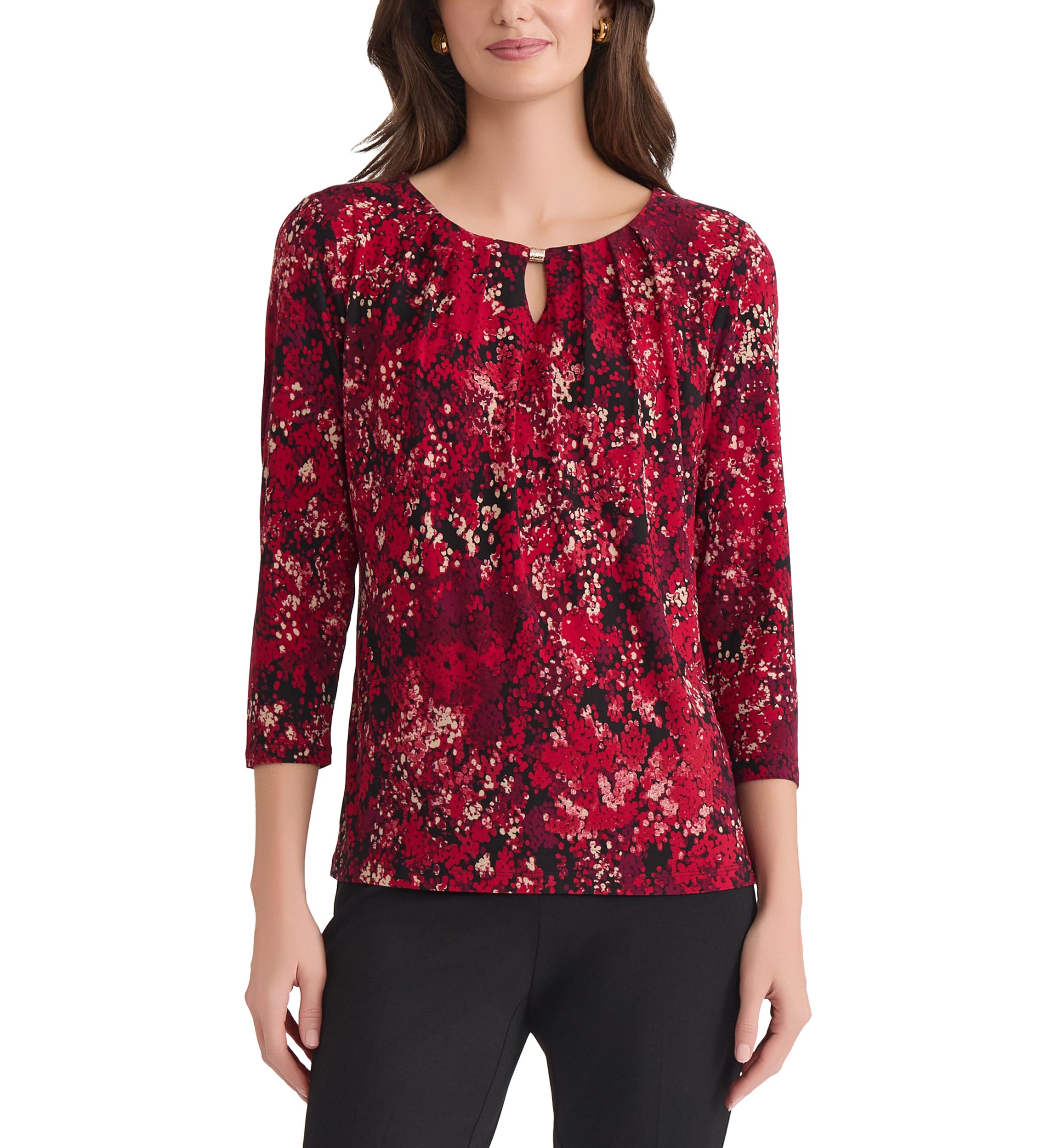 Petite Multi Print 3/4 Sleeve Pleat Neck Knit Top 