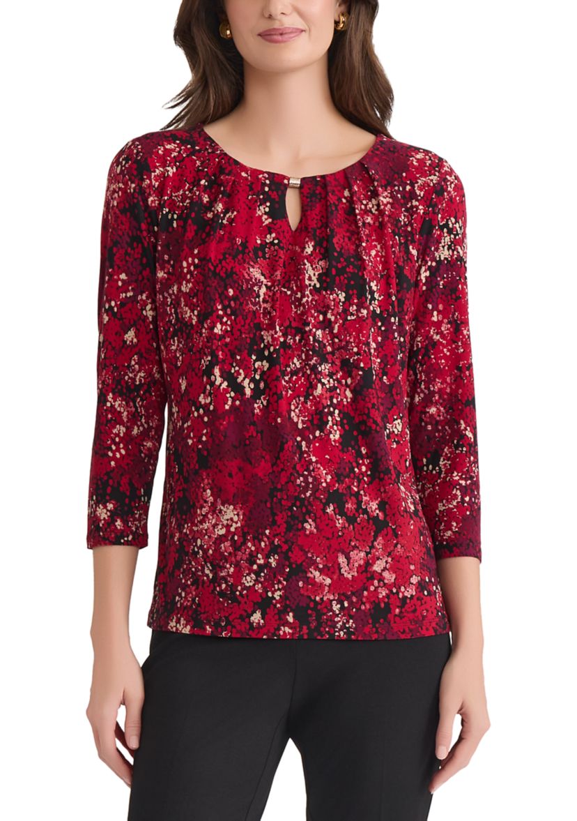 Petite Multi Print 3/4 Sleeve Pleat Neck Knit Top 