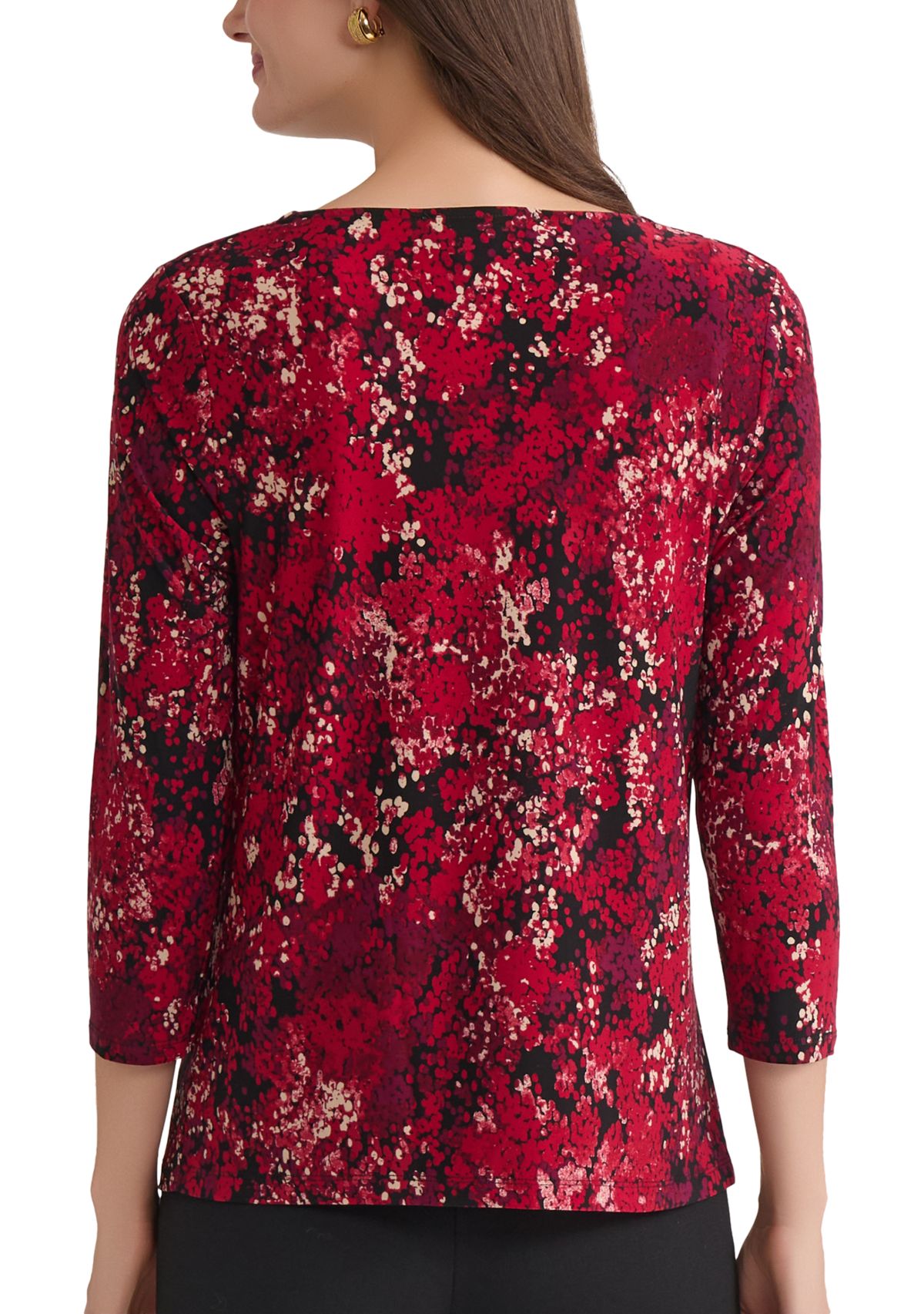 Petite Multi Print 3/4 Sleeve Pleat Neck Knit Top 