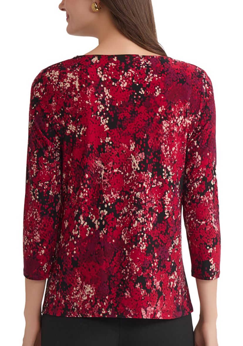 Petite Multi Print 3/4 Sleeve Pleat Neck Knit Top 