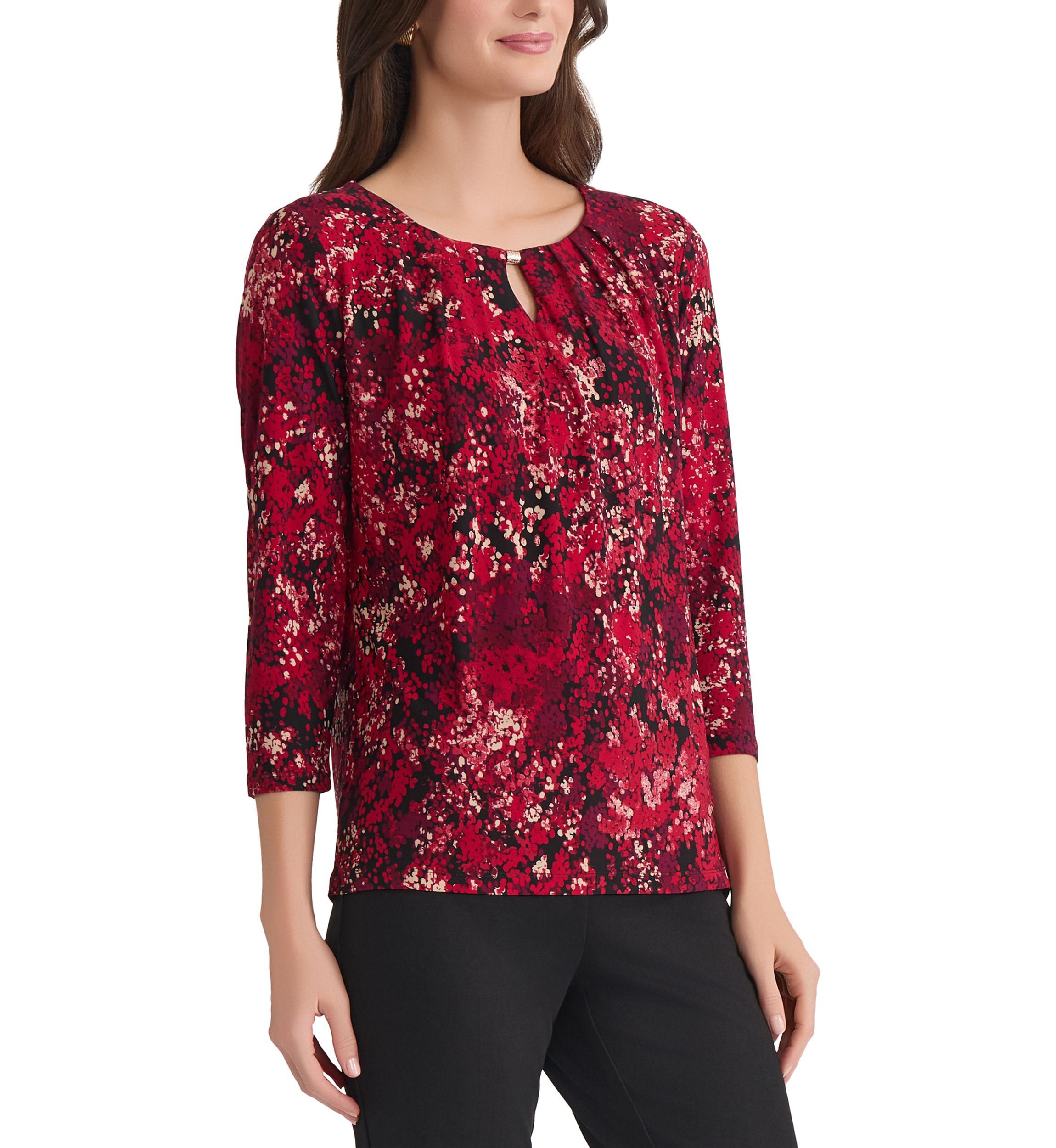 Petite Multi Print 3/4 Sleeve Pleat Neck Knit Top 