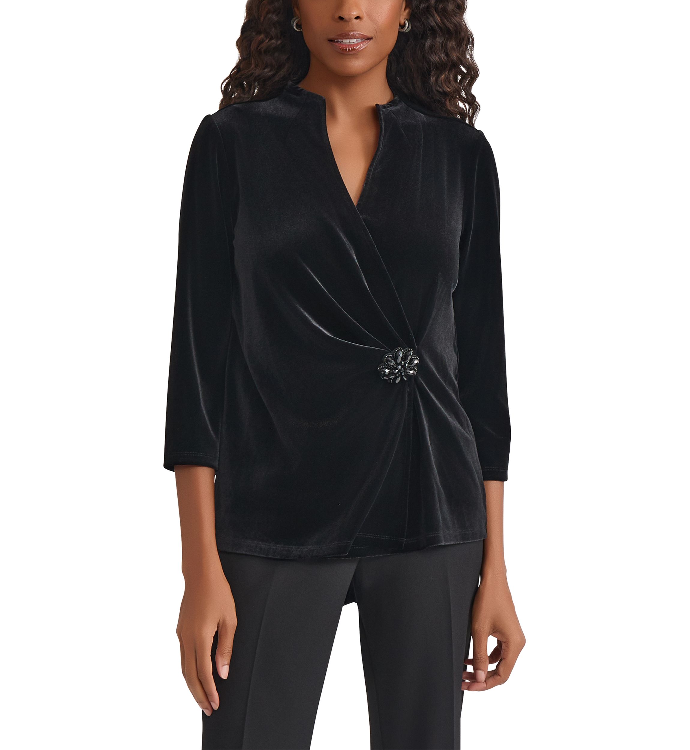 Womens 3/4 Sleeve Velvet Wrap Top with Embellishment