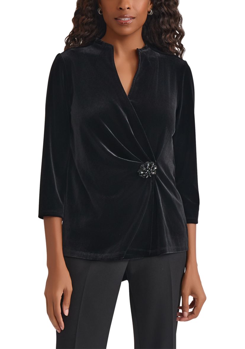 Womens 3/4 Sleeve Velvet Wrap Top with Embellishment