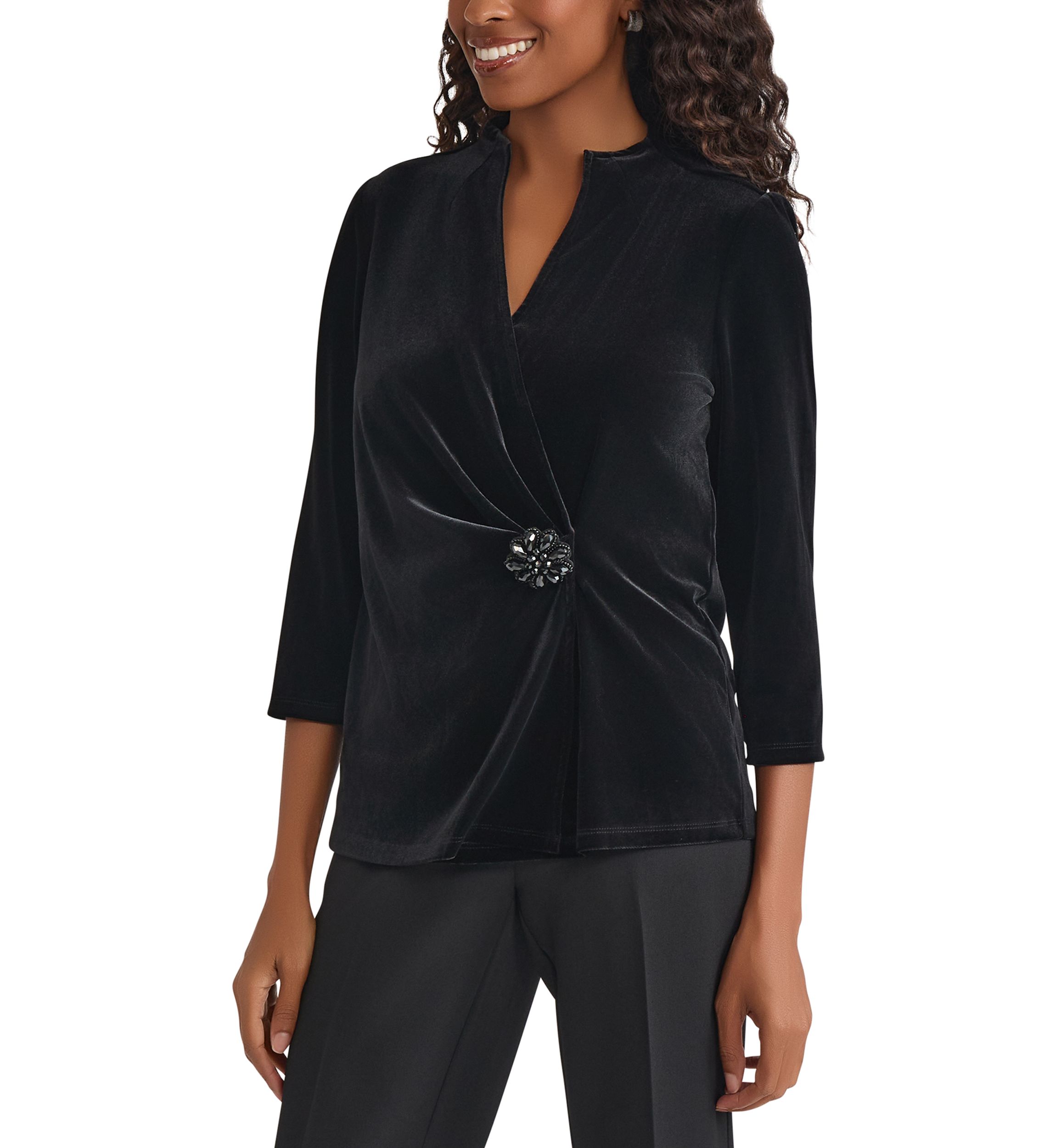 Womens 3/4 Sleeve Velvet Wrap Top with Embellishment