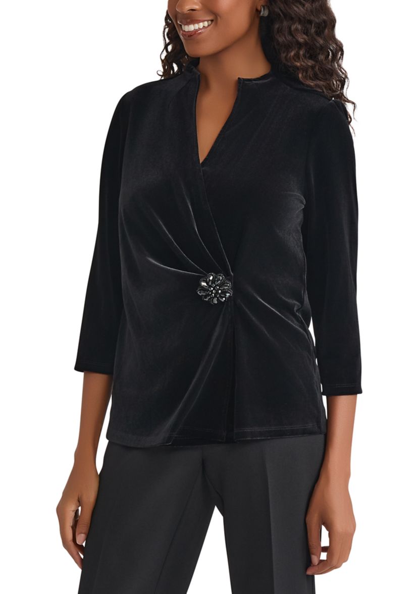 Womens 3/4 Sleeve Velvet Wrap Top with Embellishment