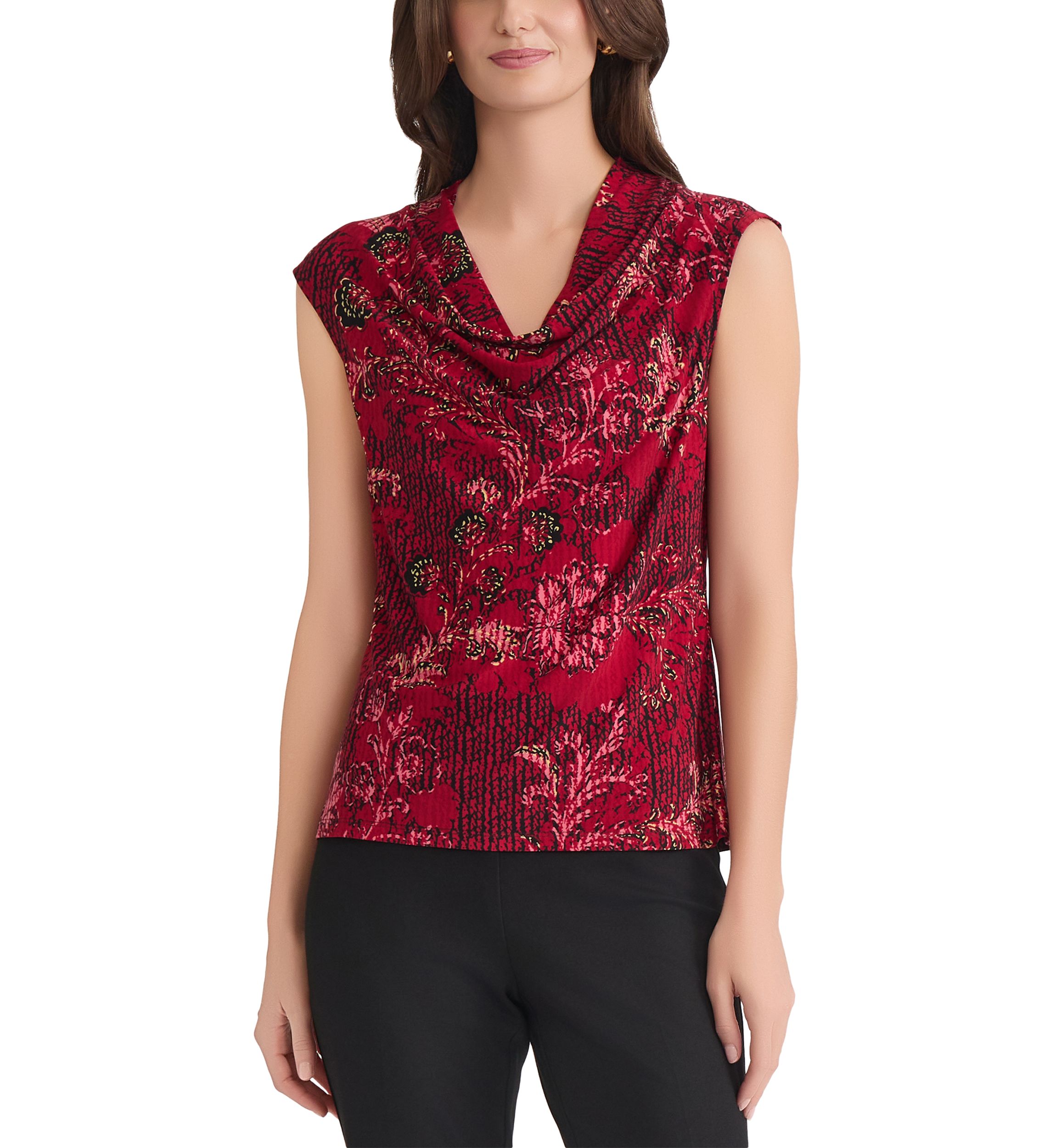 Womens Floral Print Cowl Neck Cap Sleeve Knit Top