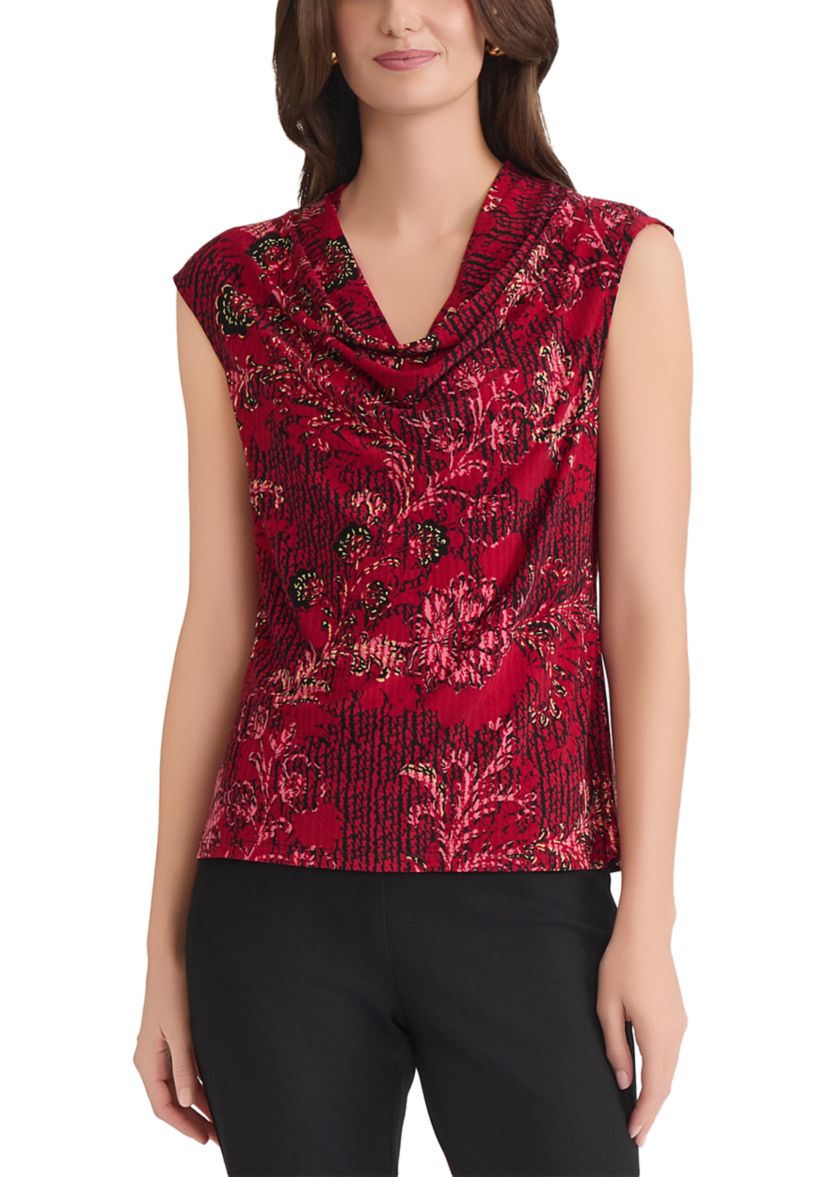 Womens Floral Print Cowl Neck Cap Sleeve Knit Top