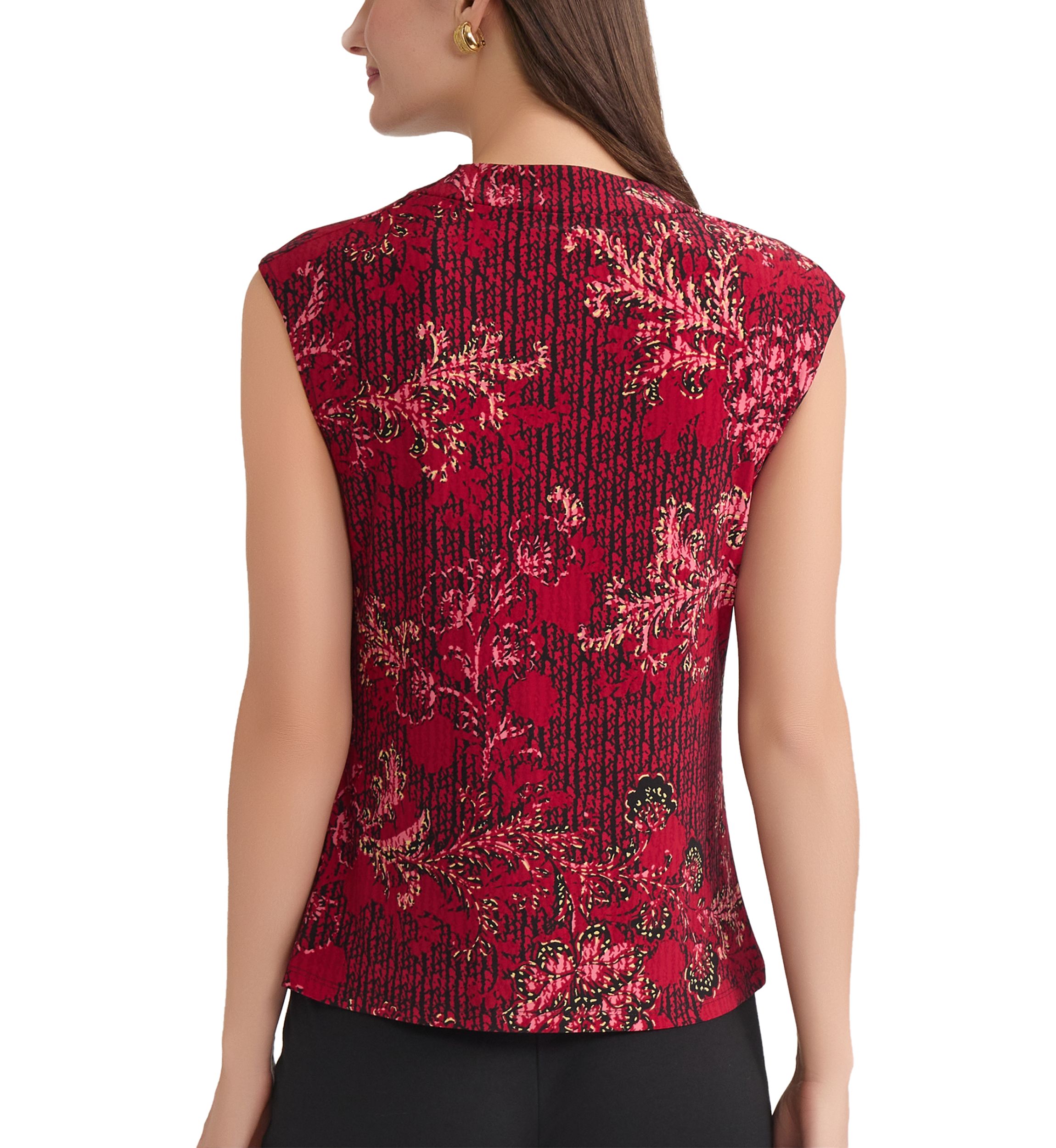 Womens Floral Print Cowl Neck Cap Sleeve Knit Top