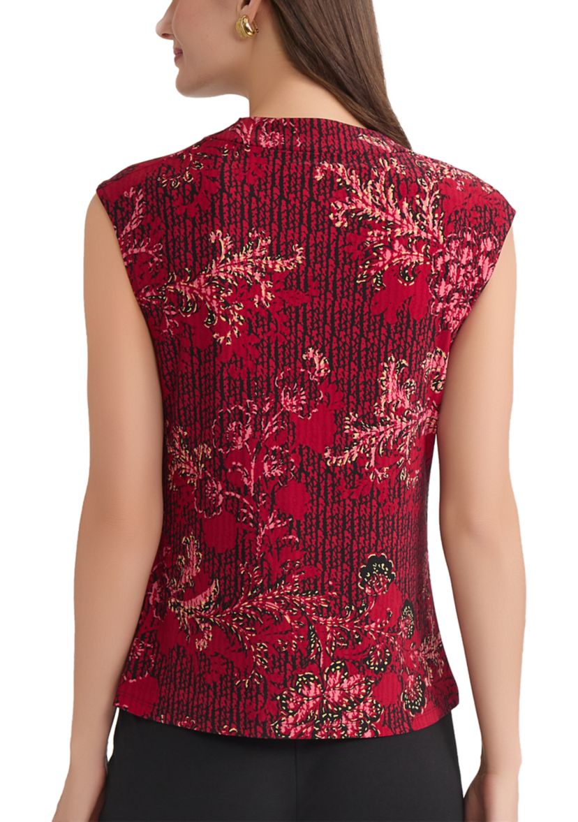 Womens Floral Print Cowl Neck Cap Sleeve Knit Top