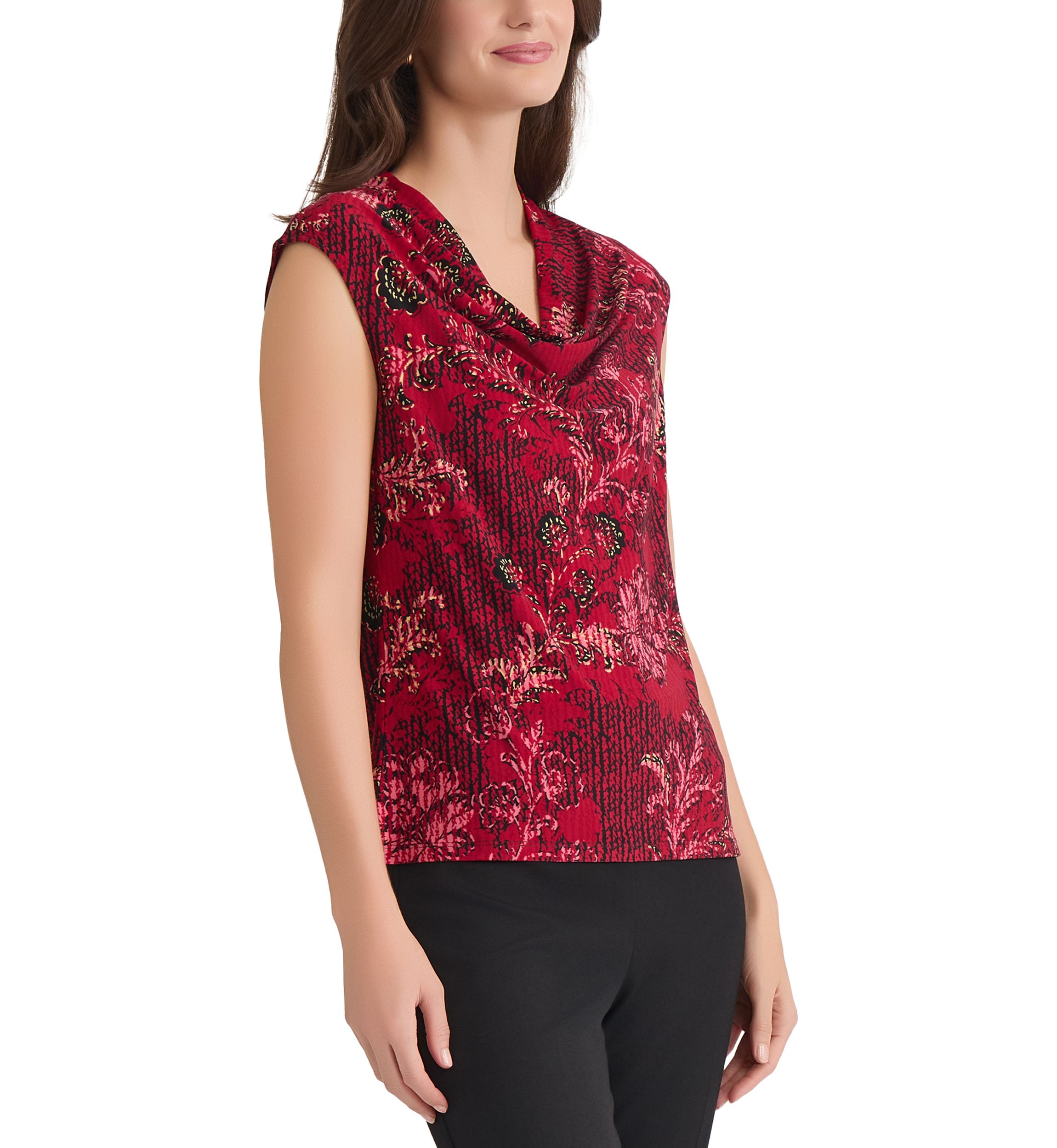 Womens Floral Print Cowl Neck Cap Sleeve Knit Top