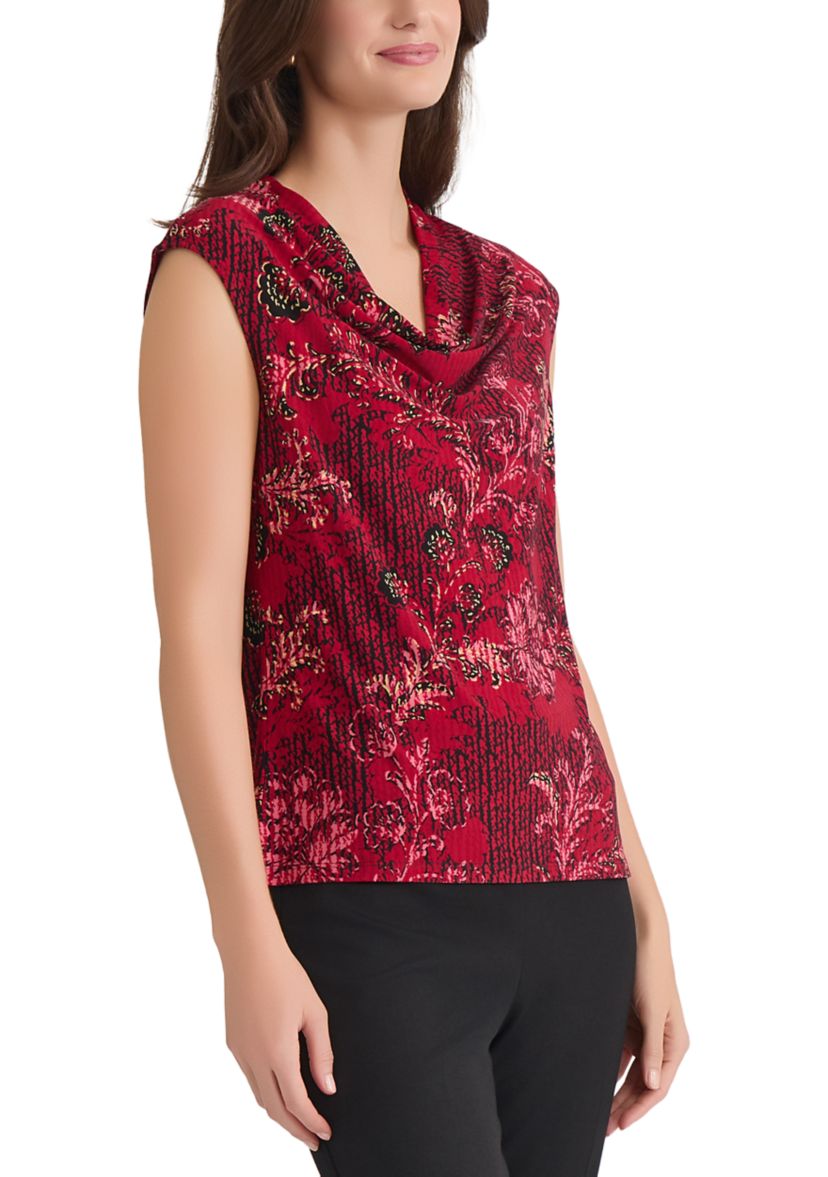 Womens Floral Print Cowl Neck Cap Sleeve Knit Top