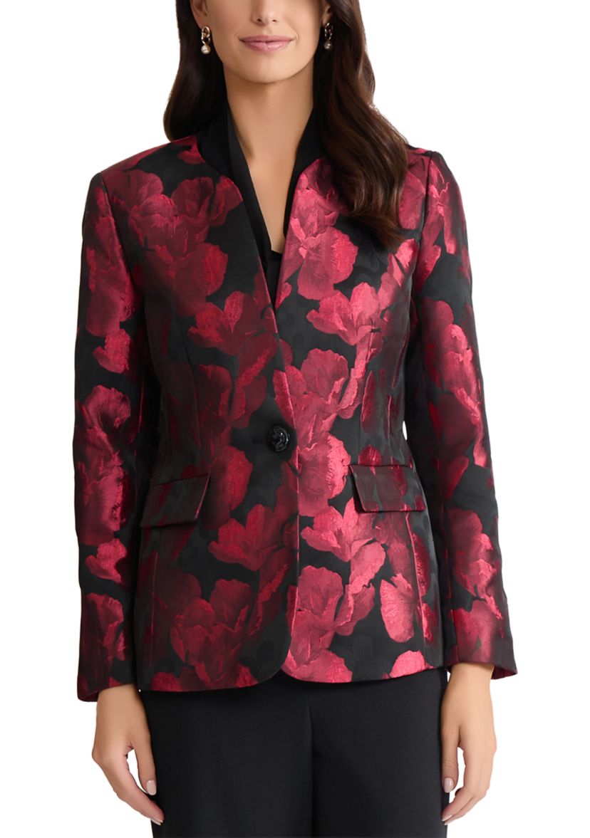 Womens Floral Jacquard One Button Collarless Jacket