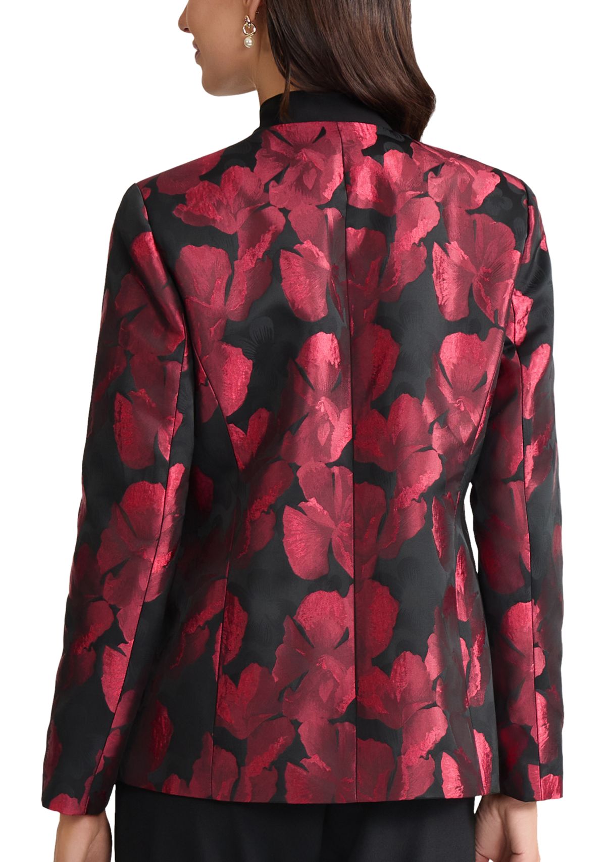 Womens Floral Jacquard One Button Collarless Jacket