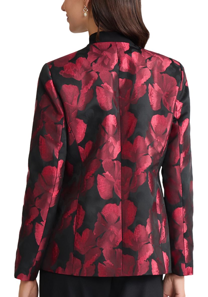 Womens Floral Jacquard One Button Collarless Jacket
