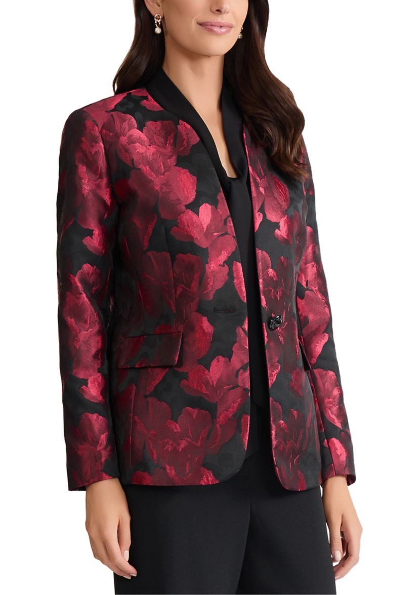 Womens Floral Jacquard One Button Collarless Jacket