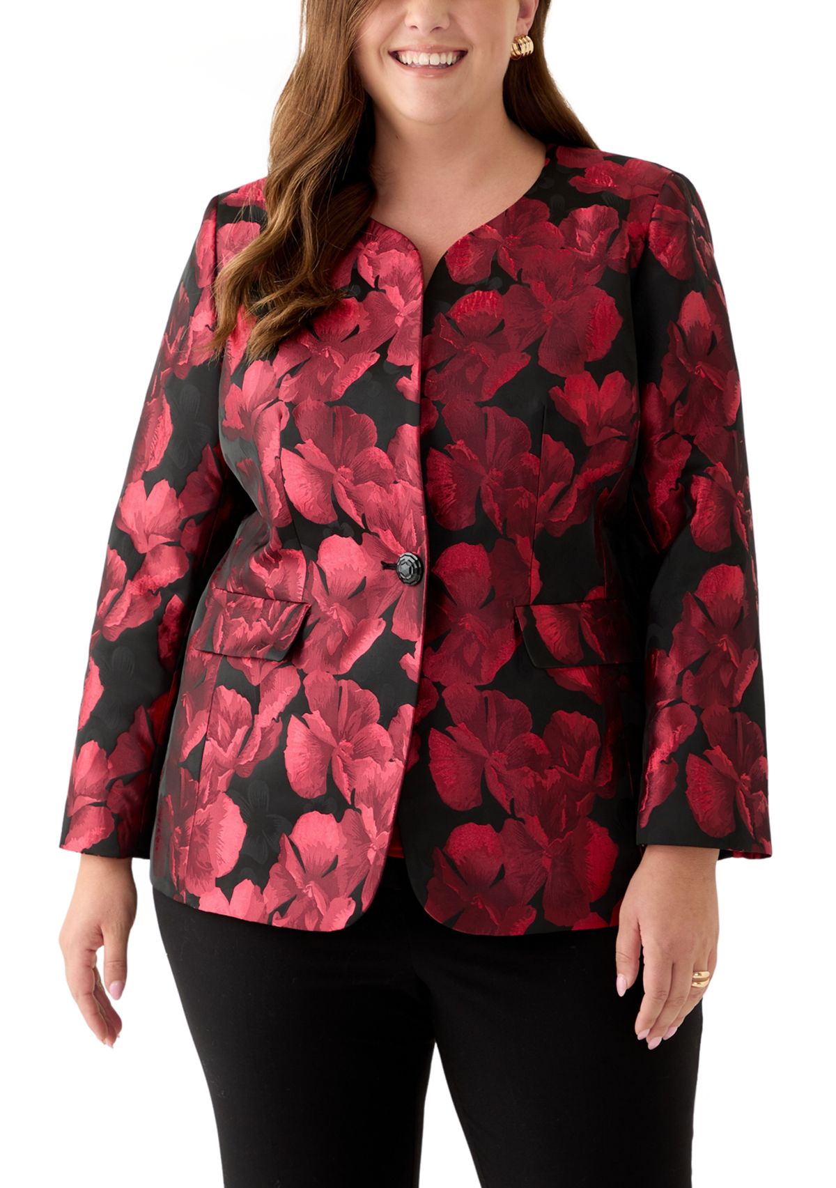 Plus Size Jacquard Collarless Jacket