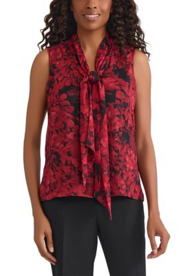 Kasper Women's Floral Print Sleeveless Tie Neck Blouse