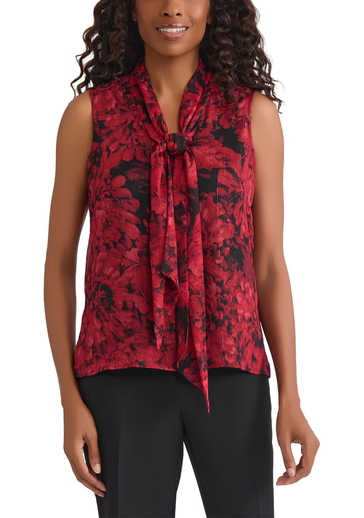 Womens Floral Print Sleeveless Tie Neck Blouse 
