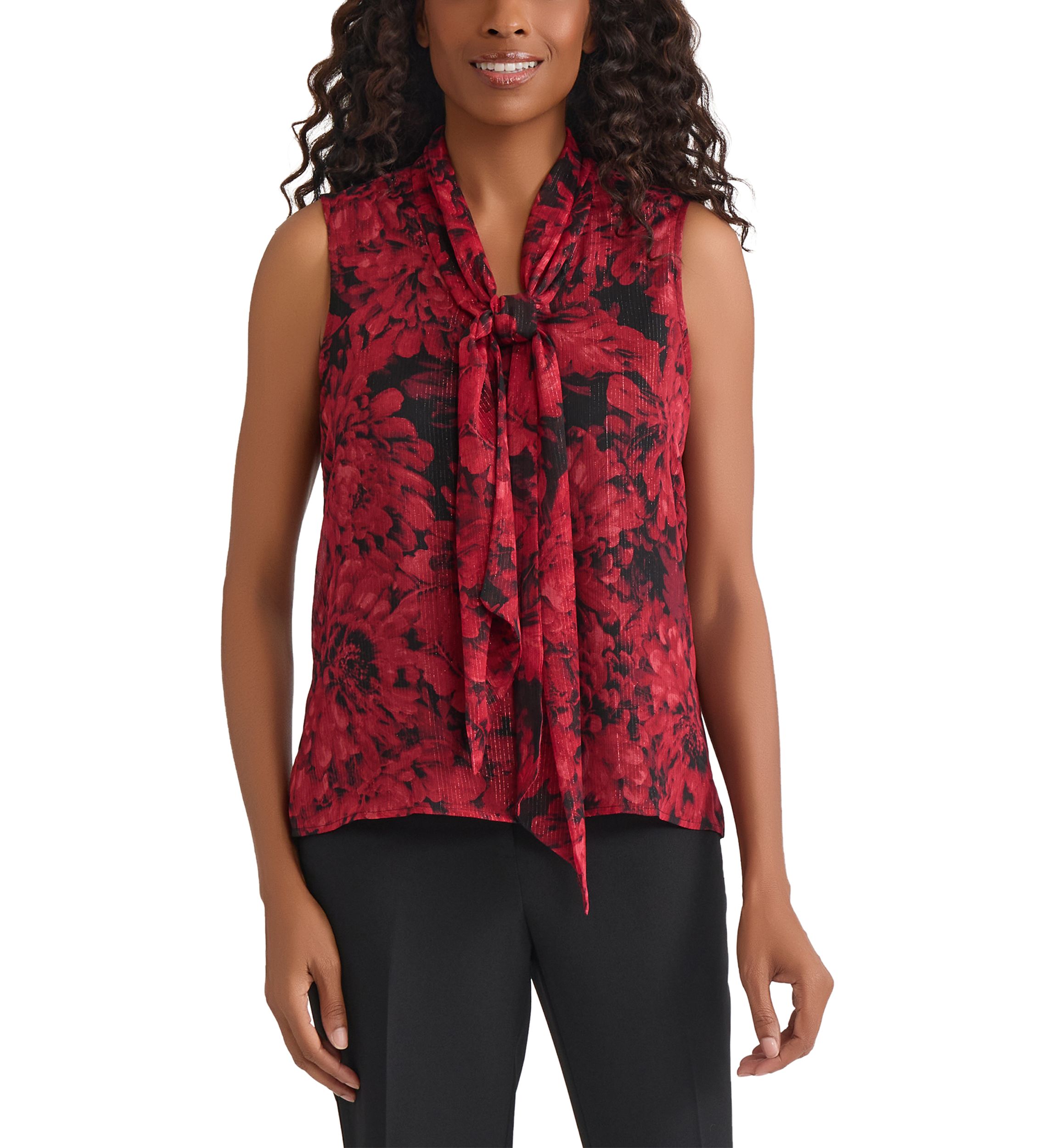 Womens Floral Print Sleeveless Tie Neck Blouse 