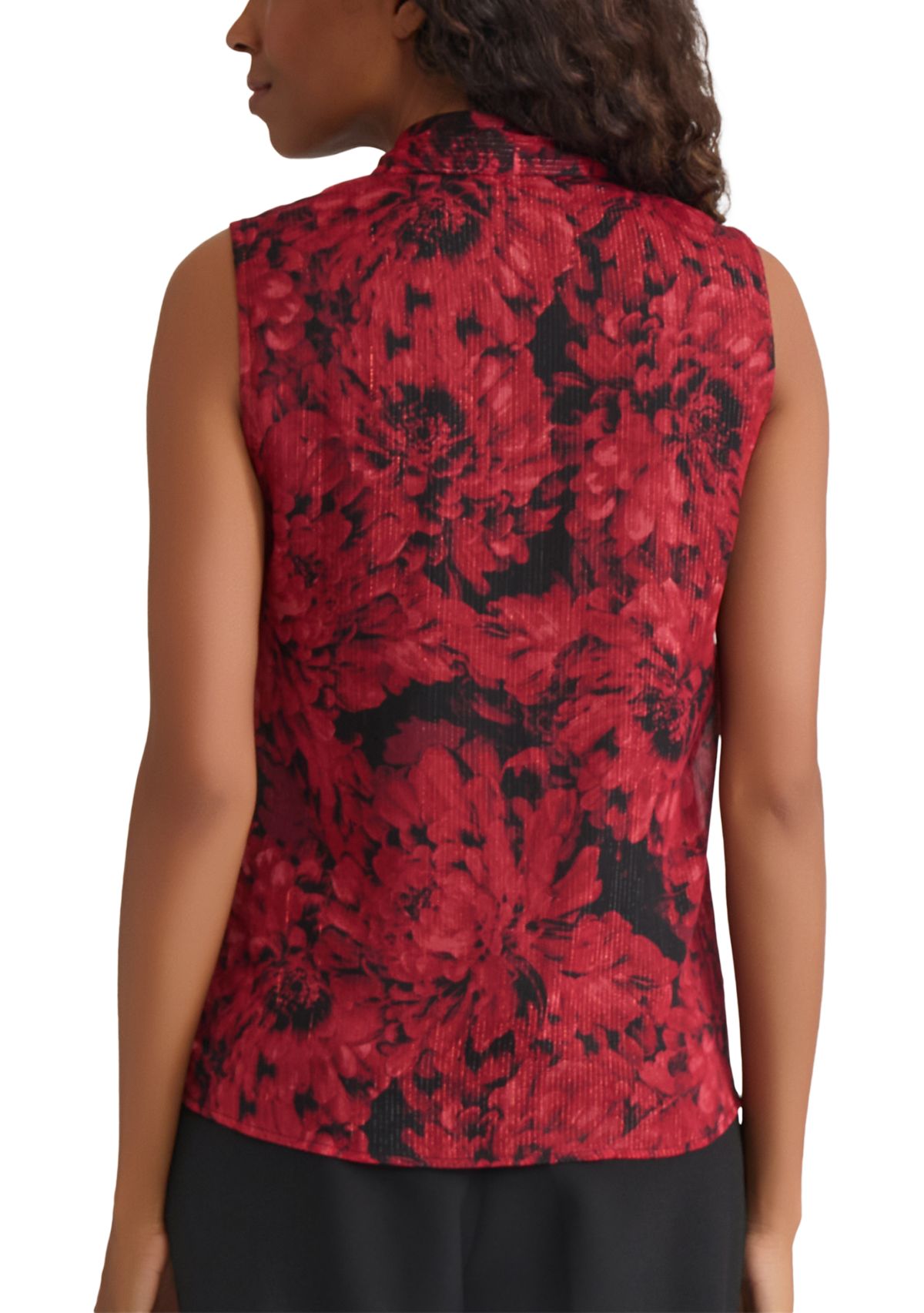 Womens Floral Print Sleeveless Tie Neck Blouse 