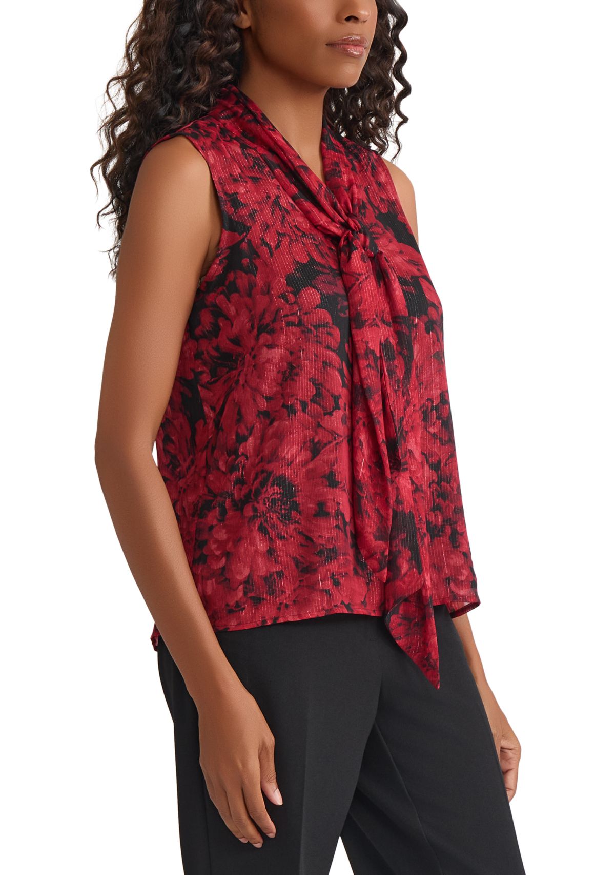 Womens Floral Print Sleeveless Tie Neck Blouse 