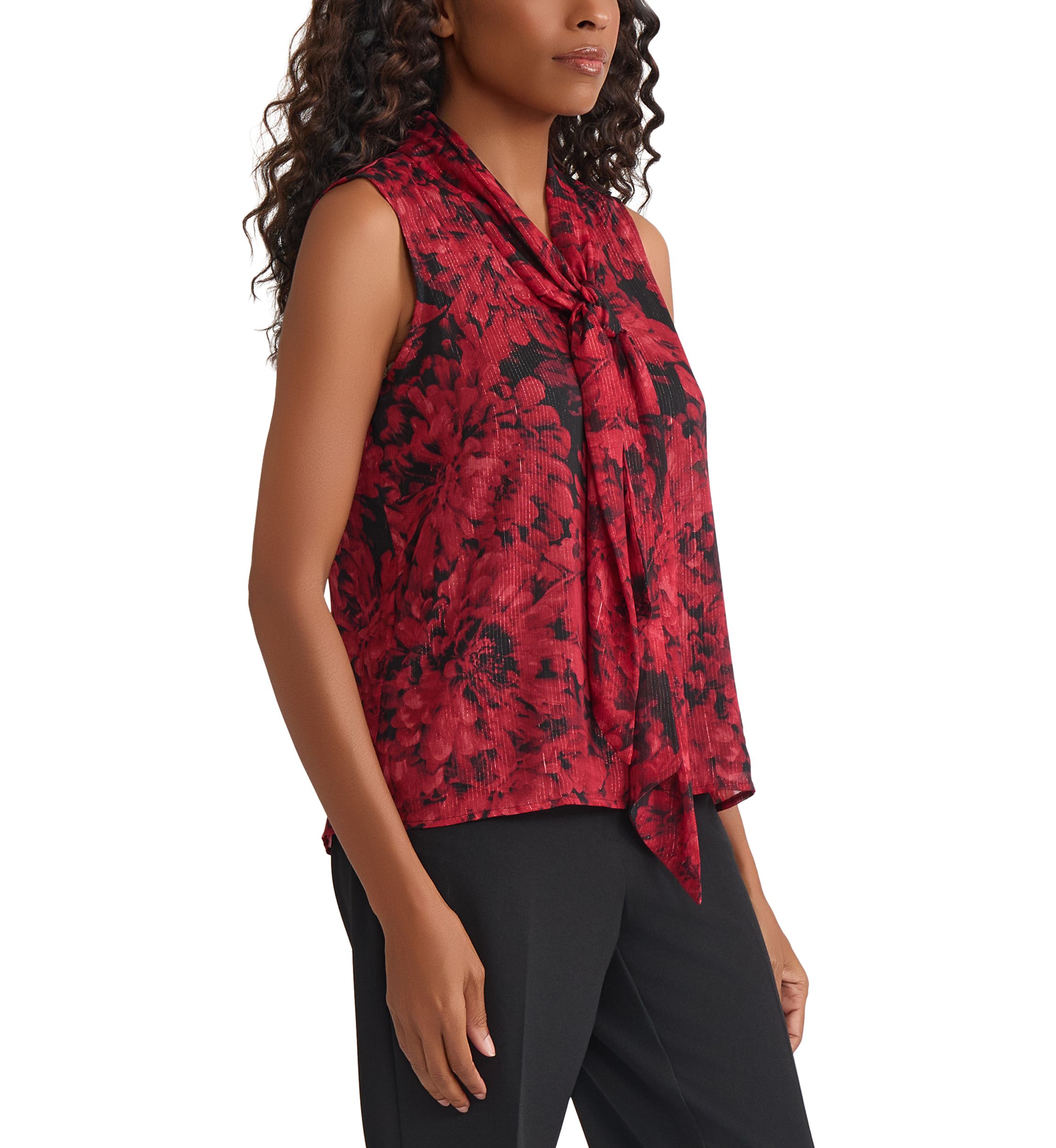 Womens Floral Print Sleeveless Tie Neck Blouse 