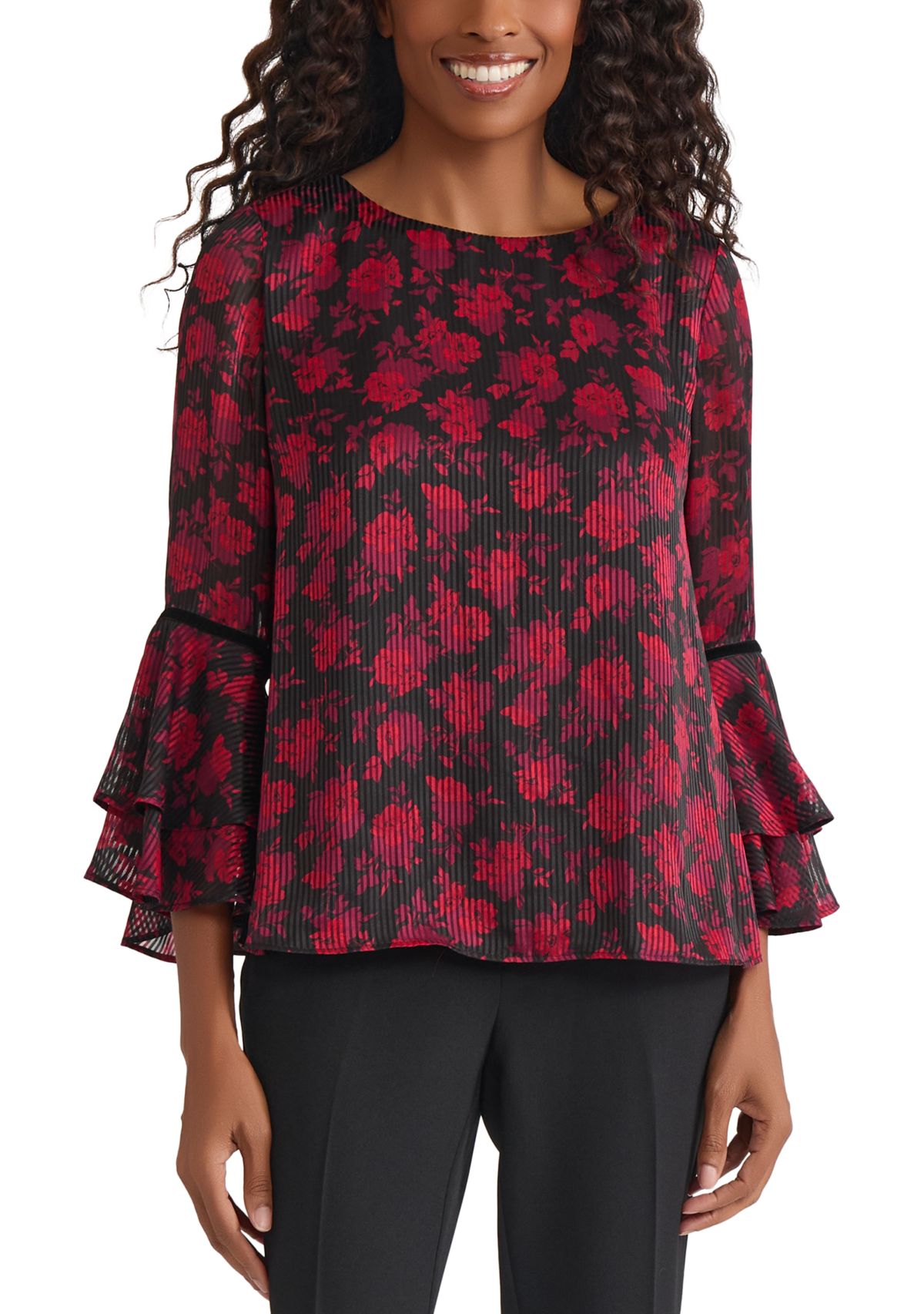 Womens Floral Print Flutter Sleeve Blouse with Velvet Trim