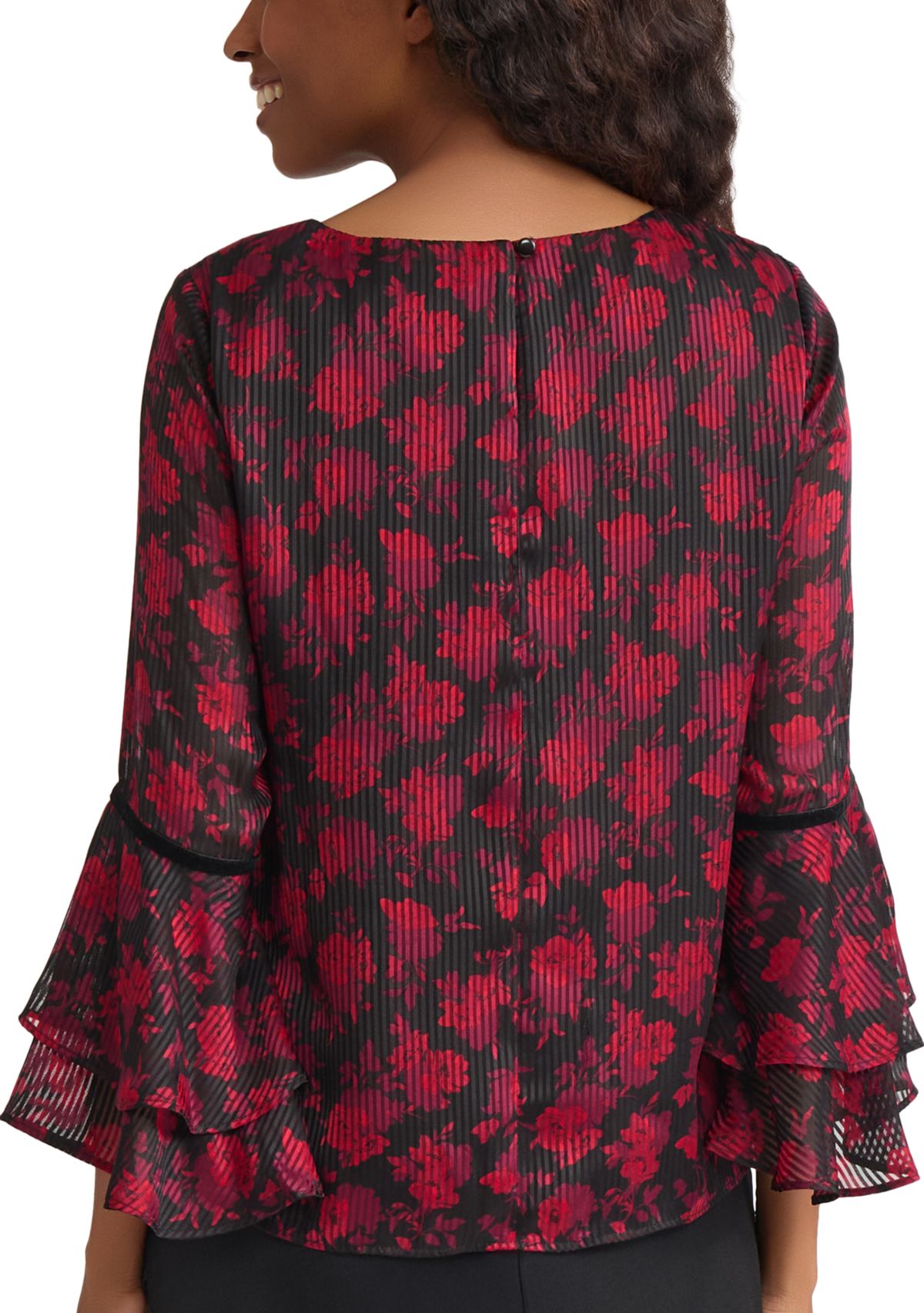 Womens Floral Print Flutter Sleeve Blouse with Velvet Trim