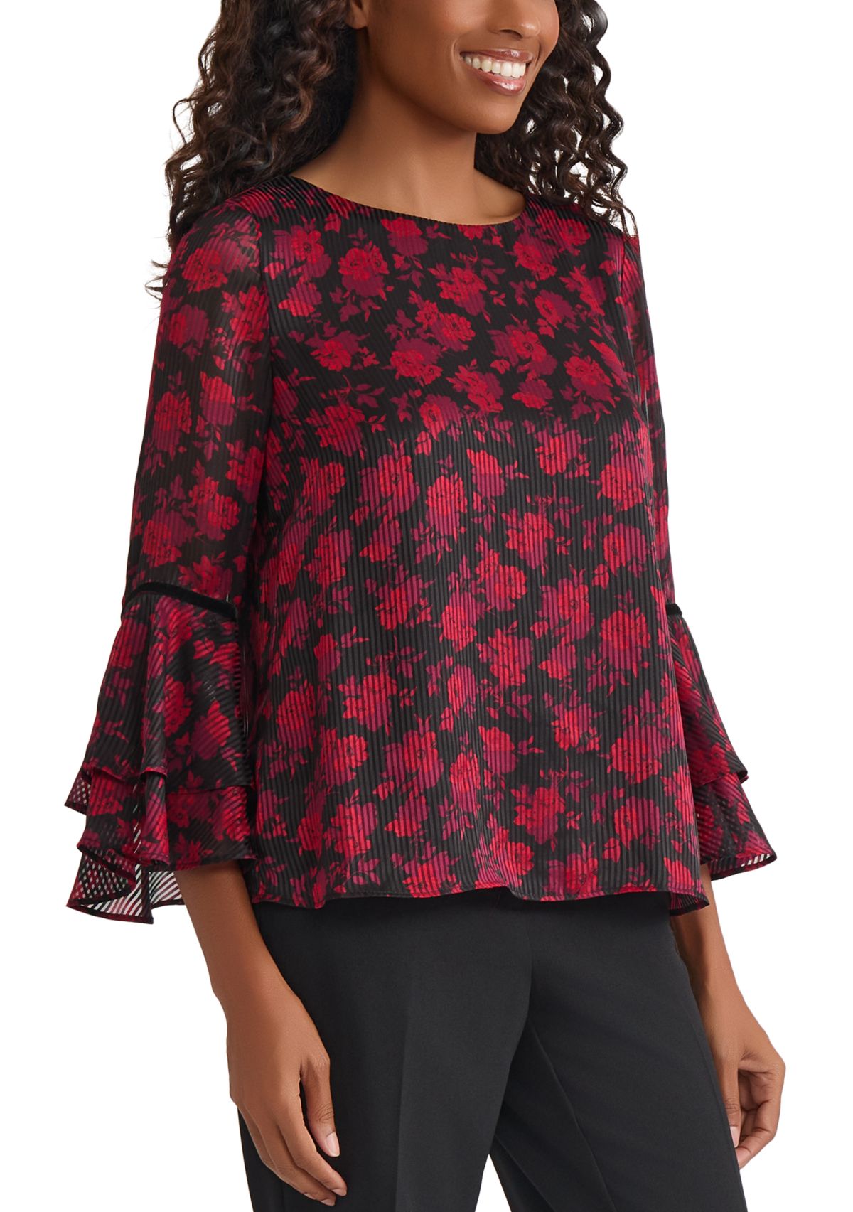 Womens Floral Print Flutter Sleeve Blouse with Velvet Trim
