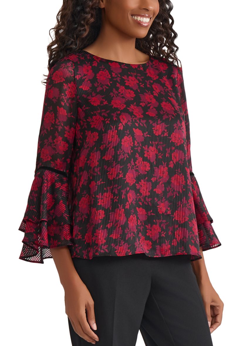 Womens Floral Print Flutter Sleeve Blouse with Velvet Trim