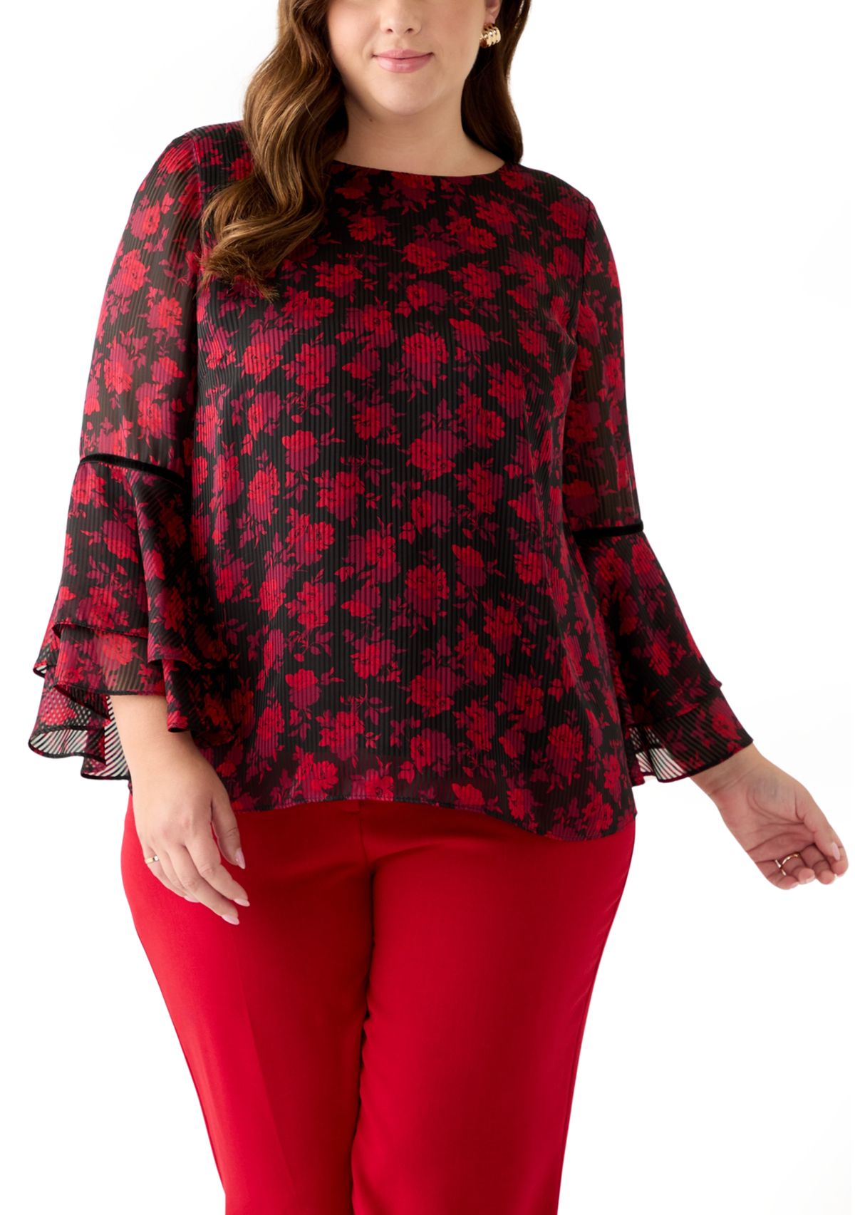 Plus Size Floral Print Flutter Sleeve Blouse with Velvet Trim 