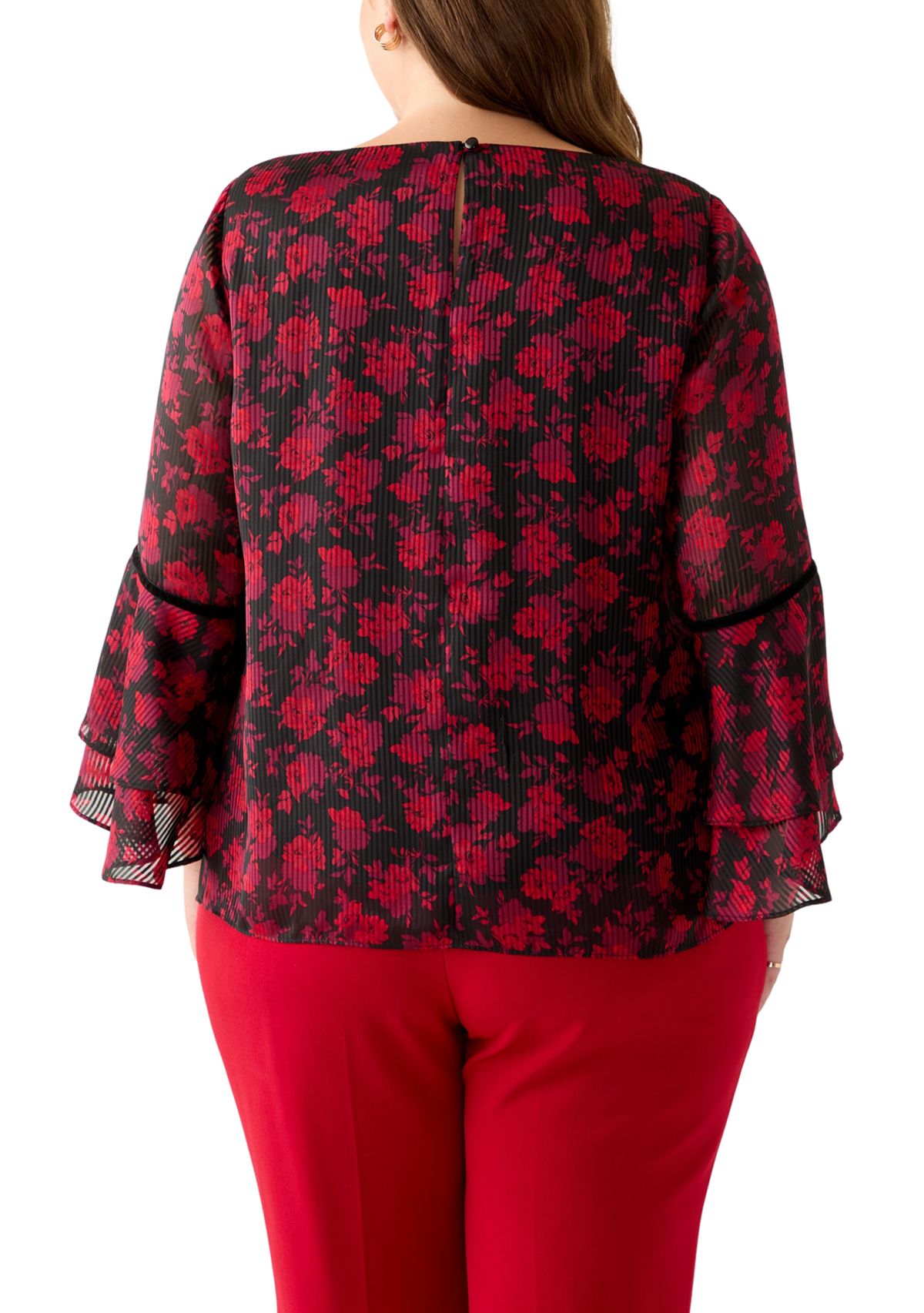 Plus Size Floral Print Flutter Sleeve Blouse with Velvet Trim 