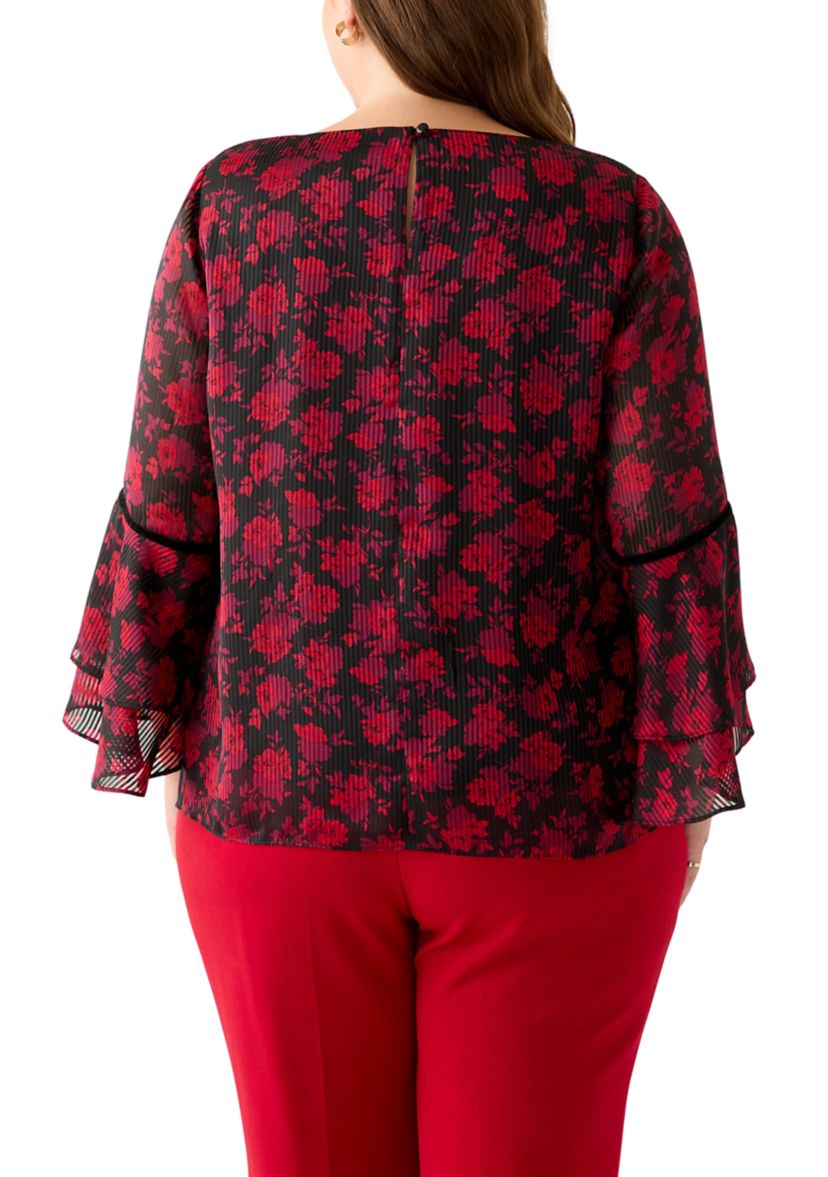 Plus Size Floral Print Flutter Sleeve Blouse with Velvet Trim 