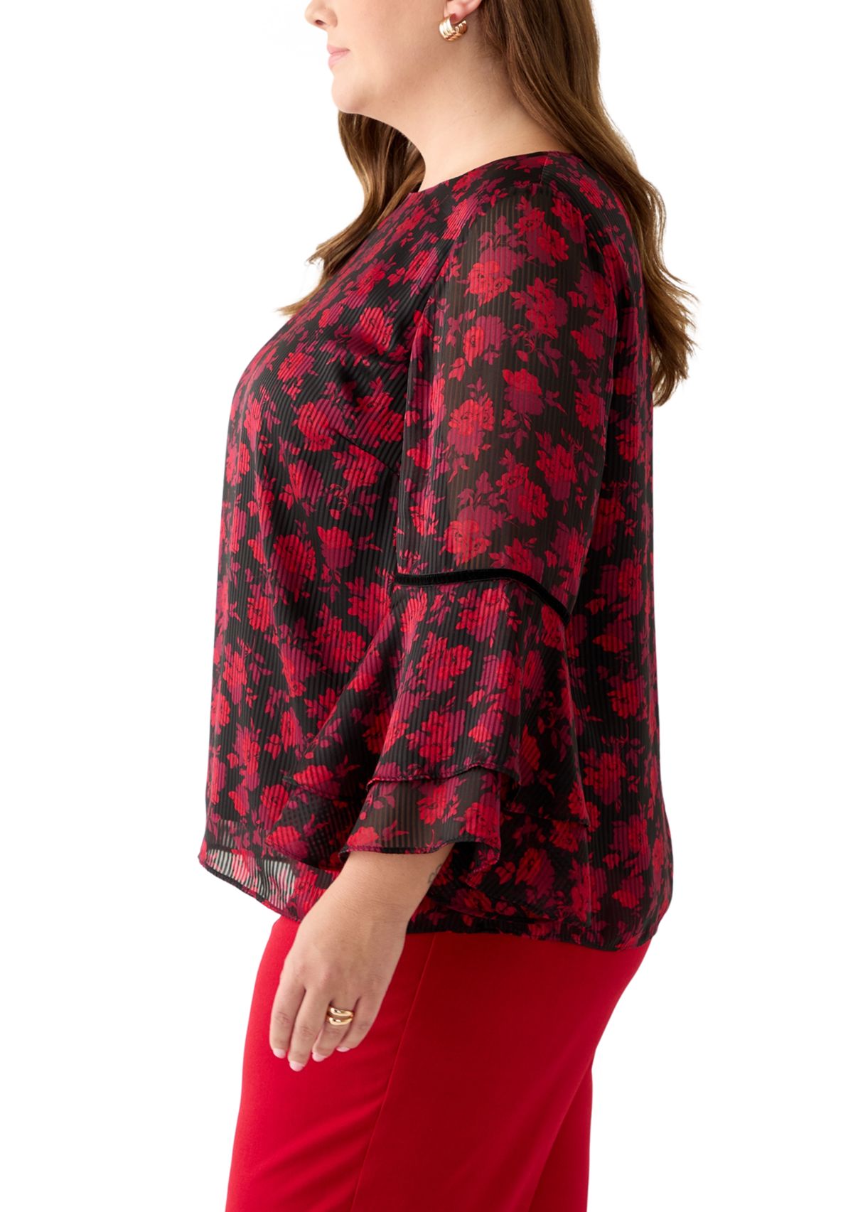 Plus Size Floral Print Flutter Sleeve Blouse with Velvet Trim 
