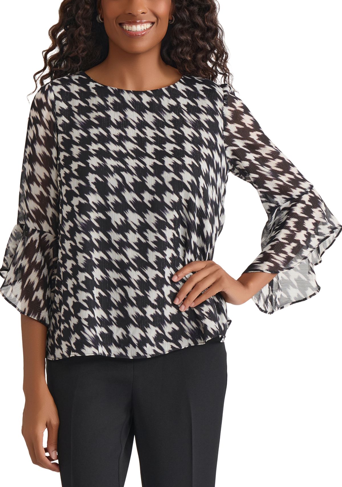 Womens Houndstooth Print Ruffle Sleeve Blouse