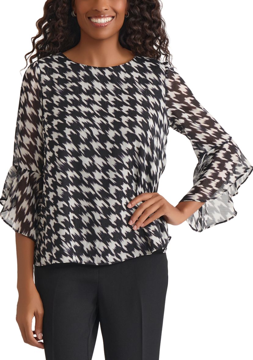 Womens Houndstooth Print Ruffle Sleeve Blouse
