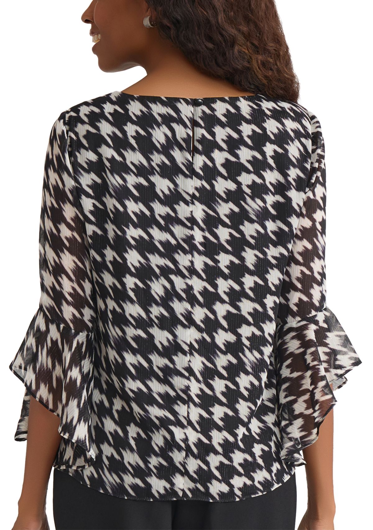 Womens Houndstooth Print Ruffle Sleeve Blouse