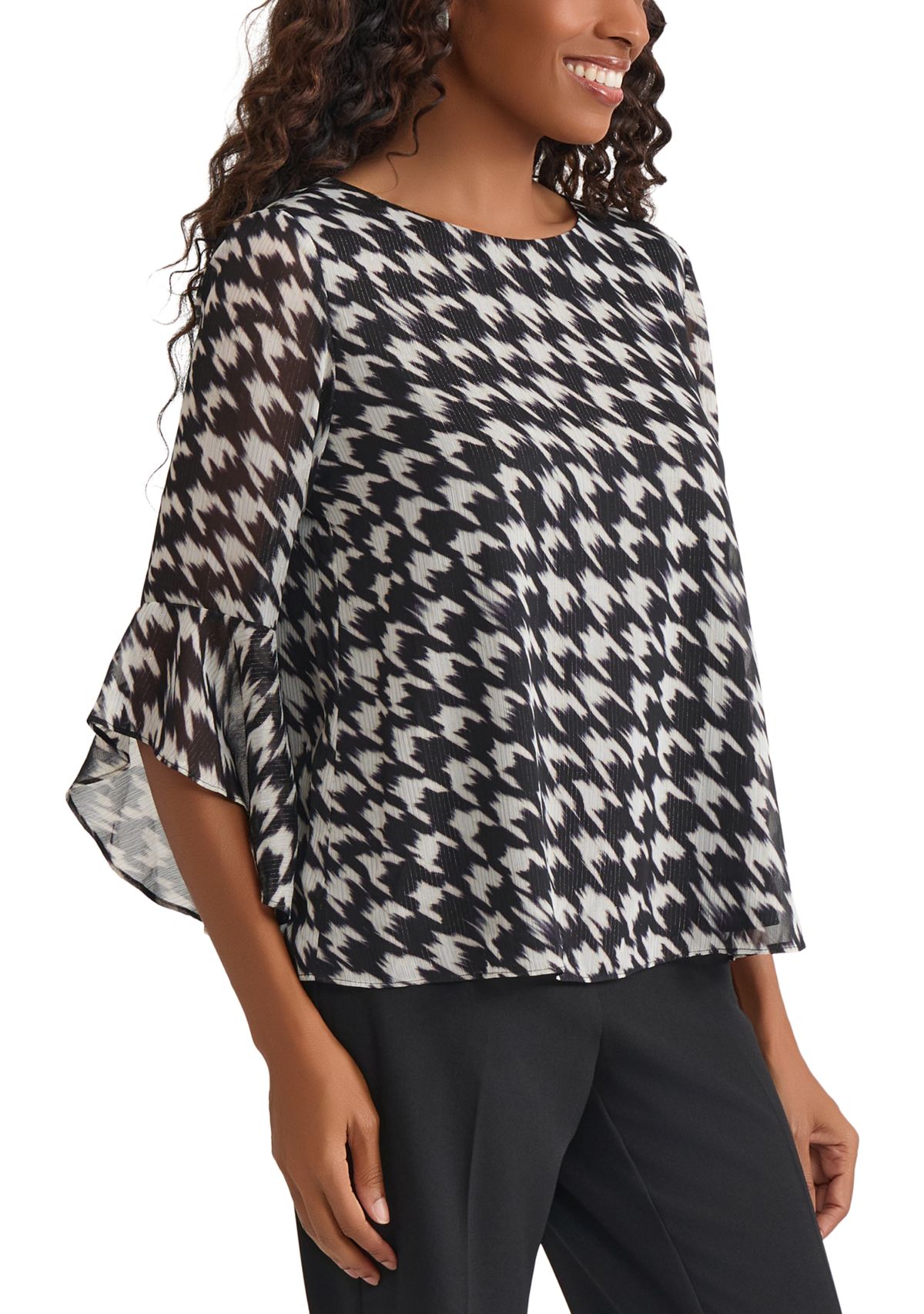 Womens Houndstooth Print Ruffle Sleeve Blouse