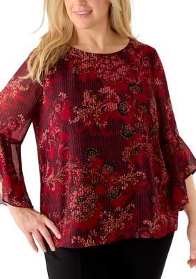 Kasper Women's Plus Size Floral Print Ruffle Sleeve Blouse