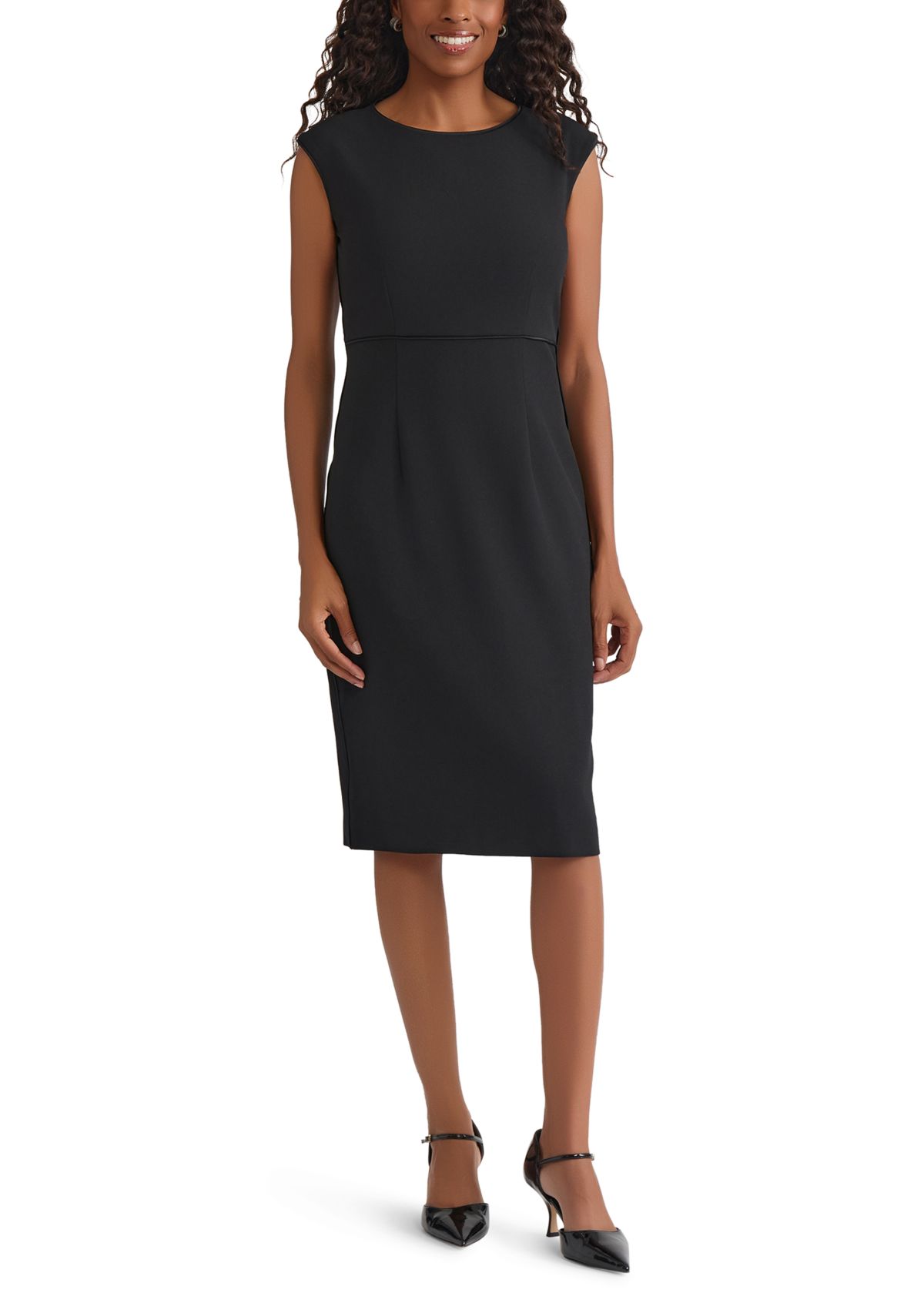 Womens Stretch Crepe Piped Sheath Dress