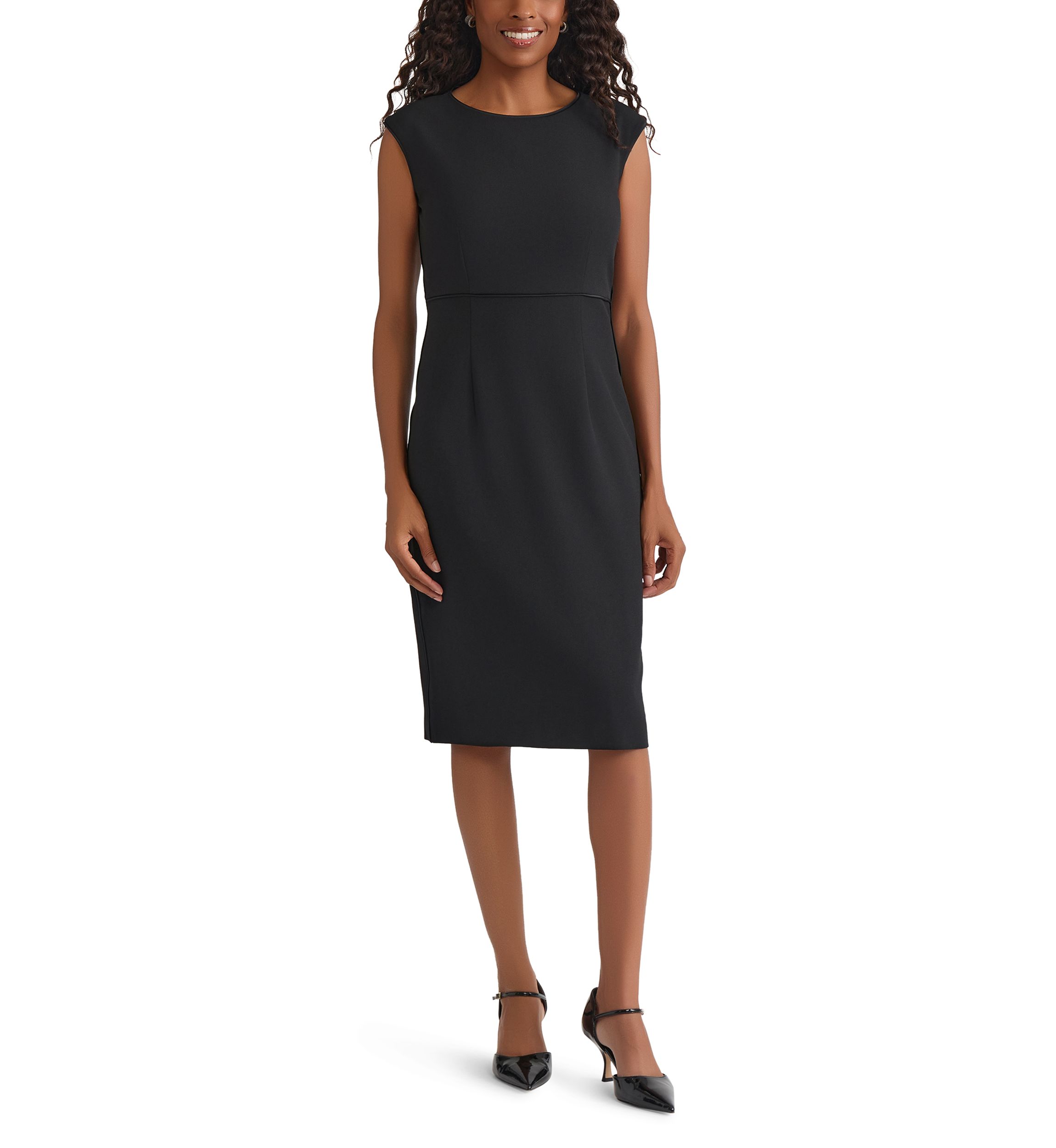 Womens Stretch Crepe Piped Sheath Dress
