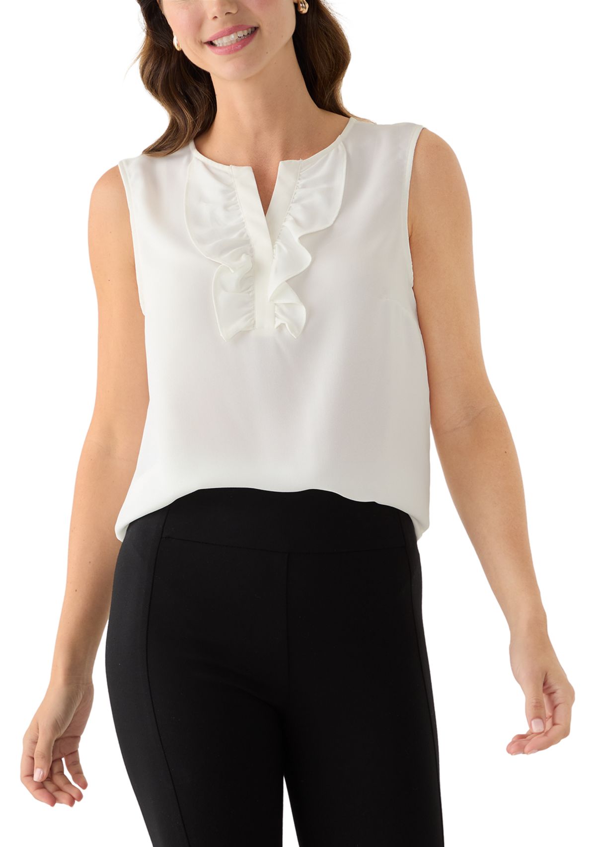 Womens Sleeveless Split Neck Blouse with Ruffle