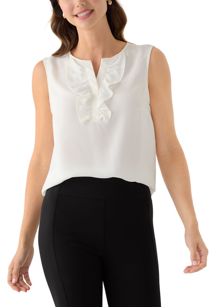 Womens Sleeveless Split Neck Blouse with Ruffle
