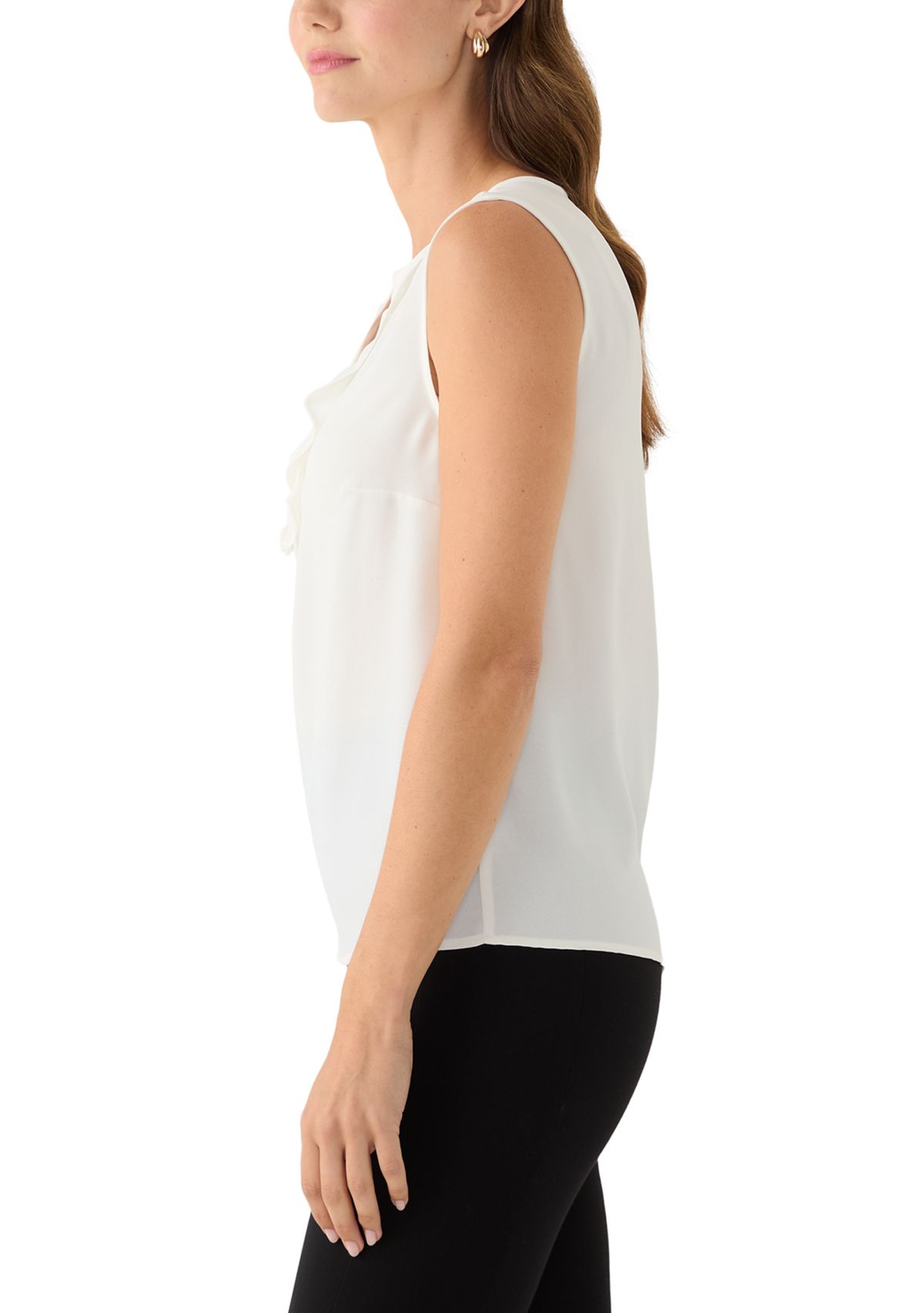 Womens Sleeveless Split Neck Blouse with Ruffle