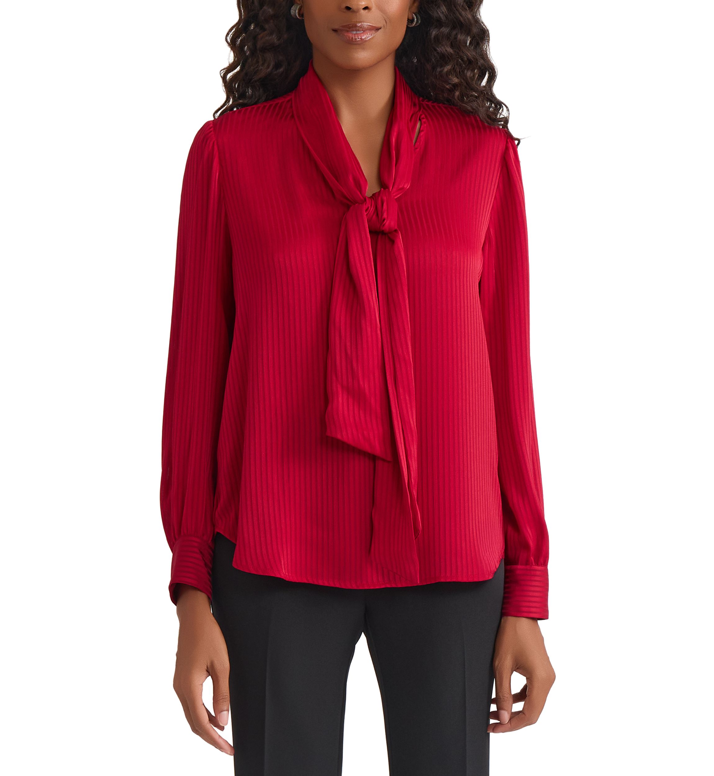 Womens Satin Stripe Long Sleeve Bow Blouse