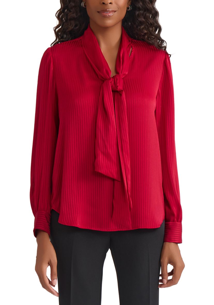 Womens Satin Stripe Long Sleeve Bow Blouse